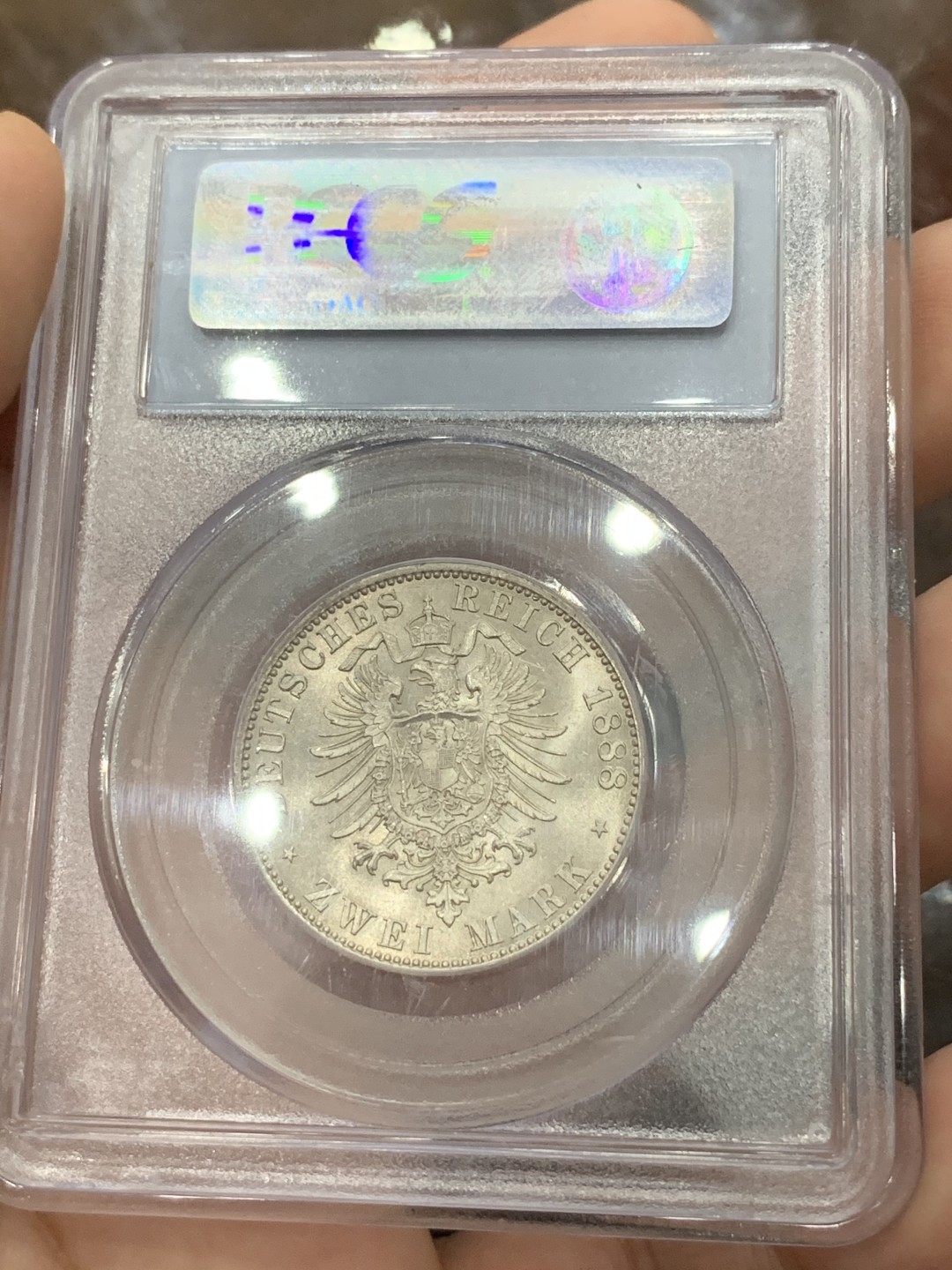 《竞宝斋》第83场-本周日，周一2场连拍（全场不限金额包邮） PCGS MS64 1888年 德国 普鲁士 弗里德里希三世2马克银币 老盒 好状态