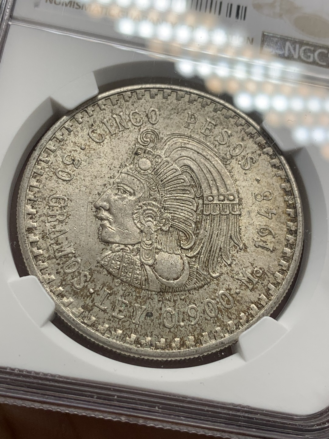 《竞宝斋》第83场-本周日，周一2场连拍（全场不限金额包邮） NGC-MS63 墨西哥1948年 印第安人头像 5比索大银币 原光带彩 很漂亮