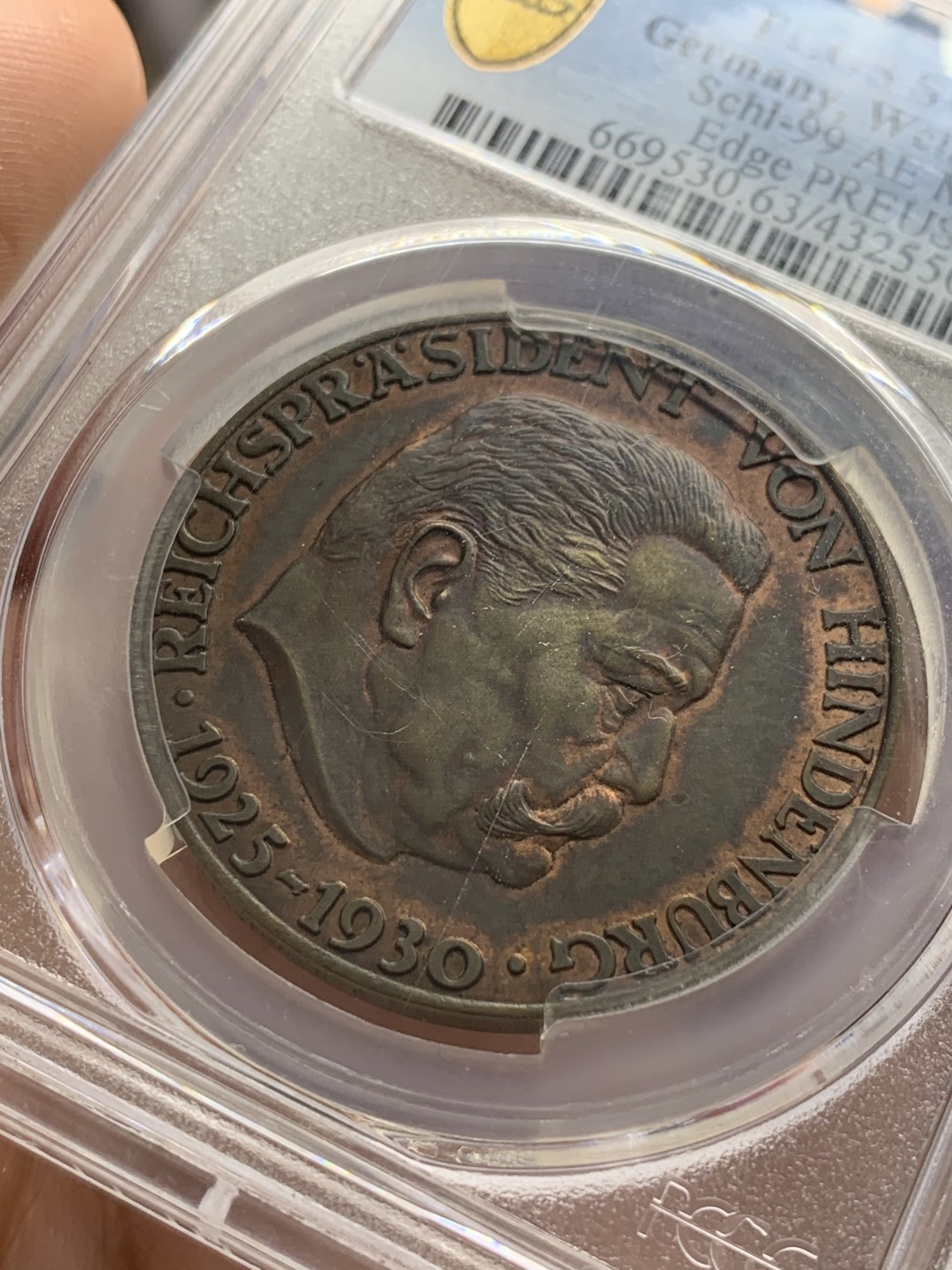 《竞宝斋》第83场-本周日，周一2场连拍（全场不限金额包邮） PCGS-SP63 德国 1930年 兴登堡 橡树铜样章 冠军分 稀少品种 仅两枚冠军分的一枚