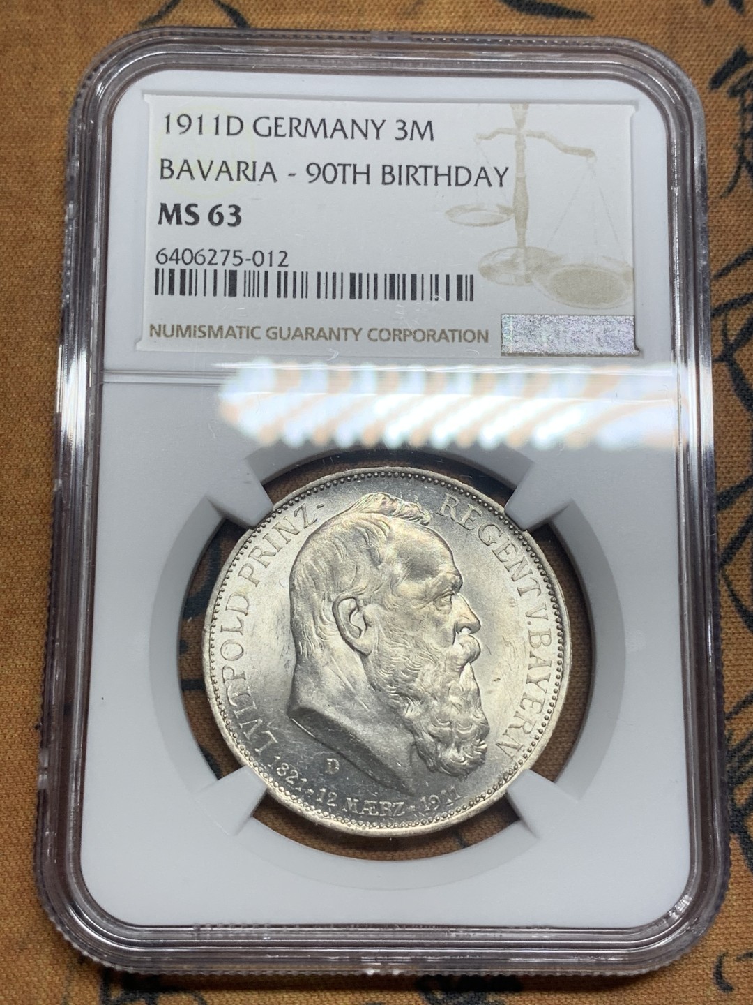 《竞宝斋》第83场-本周日，周一2场连拍（全场不限金额包邮） NGC-MS63 德国巴伐利亚1911年3马克银币
