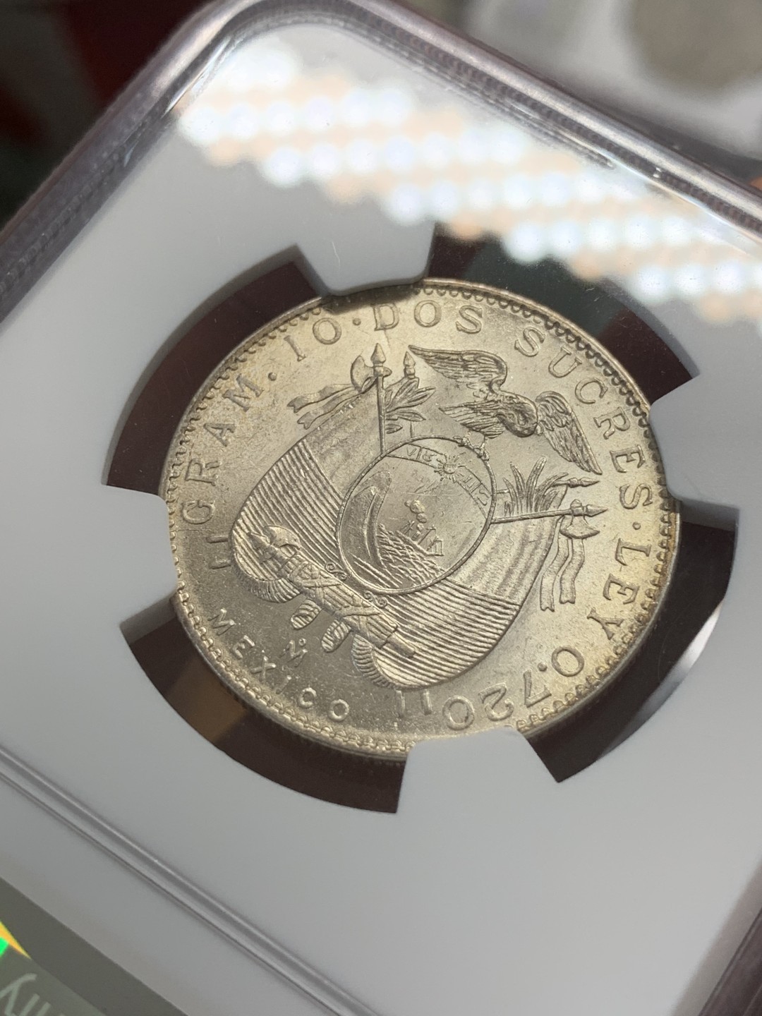 《竞宝斋》第83场-本周日，周一2场连拍（全场不限金额包邮） NGC MS61 厄瓜多尔1944年2苏克雷银币 十字光 细节极好