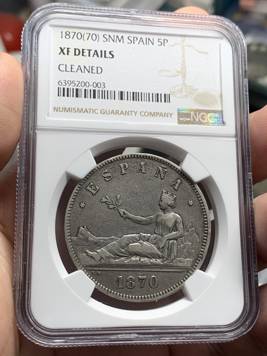 《竞宝斋》第83场-本周日，周一2场连拍（全场不限金额包邮） NGC XF 西班牙 1870年 5比塞塔 拿花 银币 状态不错