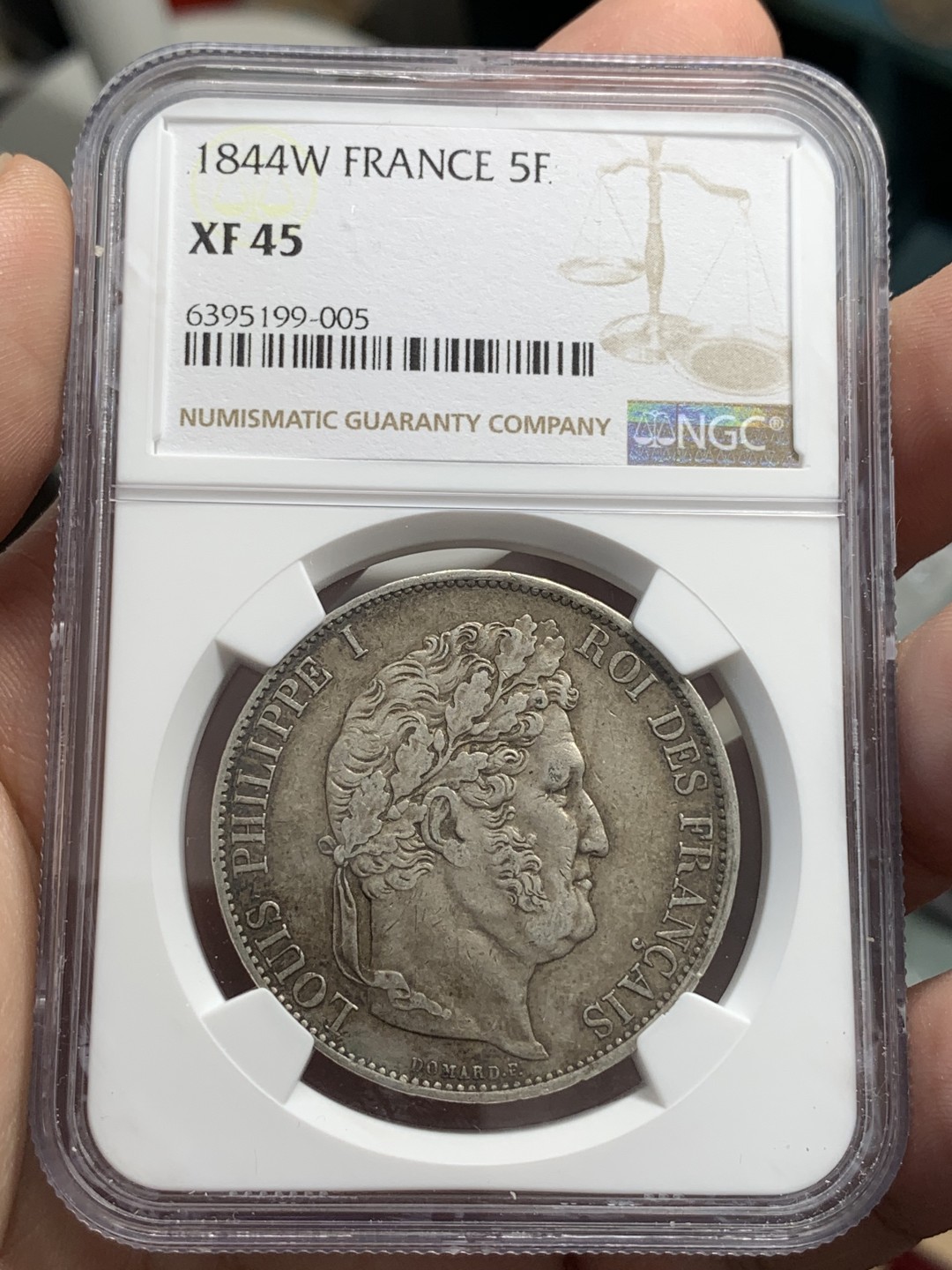 《竞宝斋》第83场-本周日，周一2场连拍（全场不限金额包邮） NGC-XF45 法国1844-W年 菲利普一世 5法郎大银币 细节清晰 传世老包浆