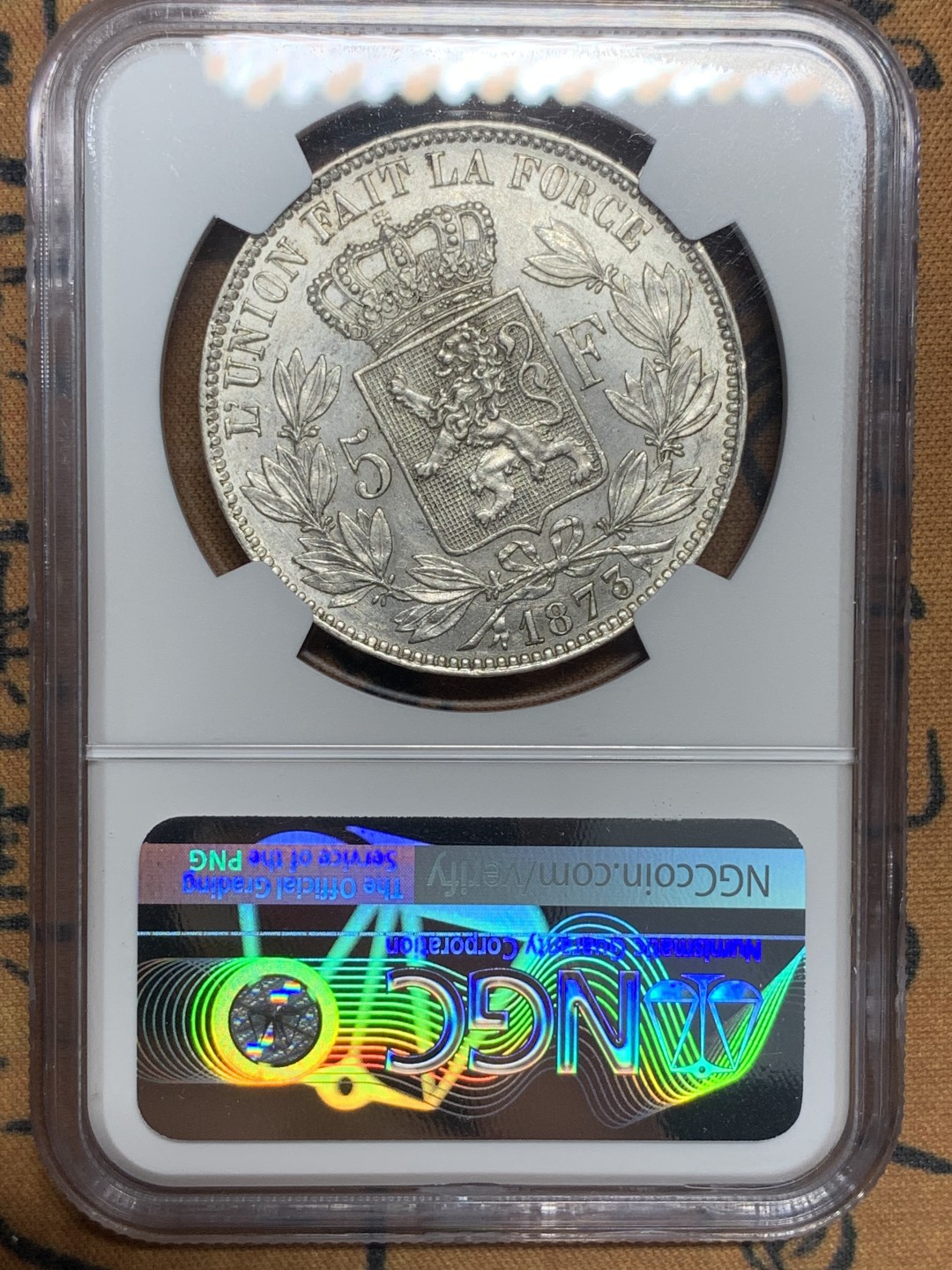 《竞宝斋》第83场-本周日，周一2场连拍（全场不限金额包邮） NGC UNC评级 比利时 1873年 5法郎 银币 光度足 状态好
