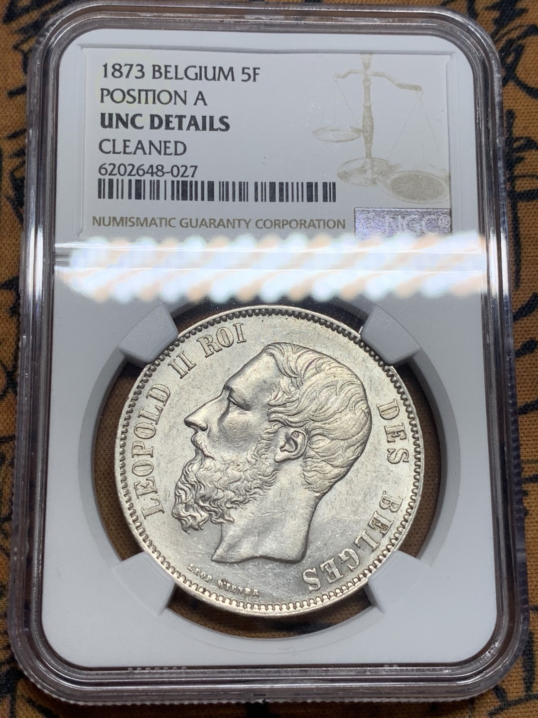 《竞宝斋》第83场-本周日，周一2场连拍（全场不限金额包邮） NGC UNC评级 比利时 1873年 5法郎 银币 光度足 状态好