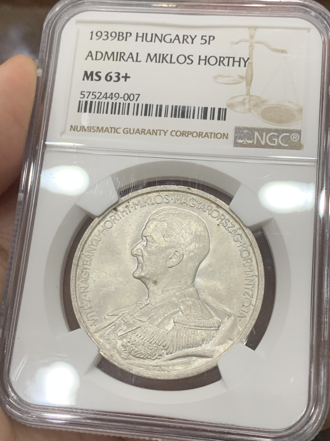 《竞宝斋》第83场-本周日，周一2场连拍（全场不限金额包邮） NGC-MS63+ 匈牙利 1939年 5潘果大银币 顶级原光好品 现在也是暴涨的品种了