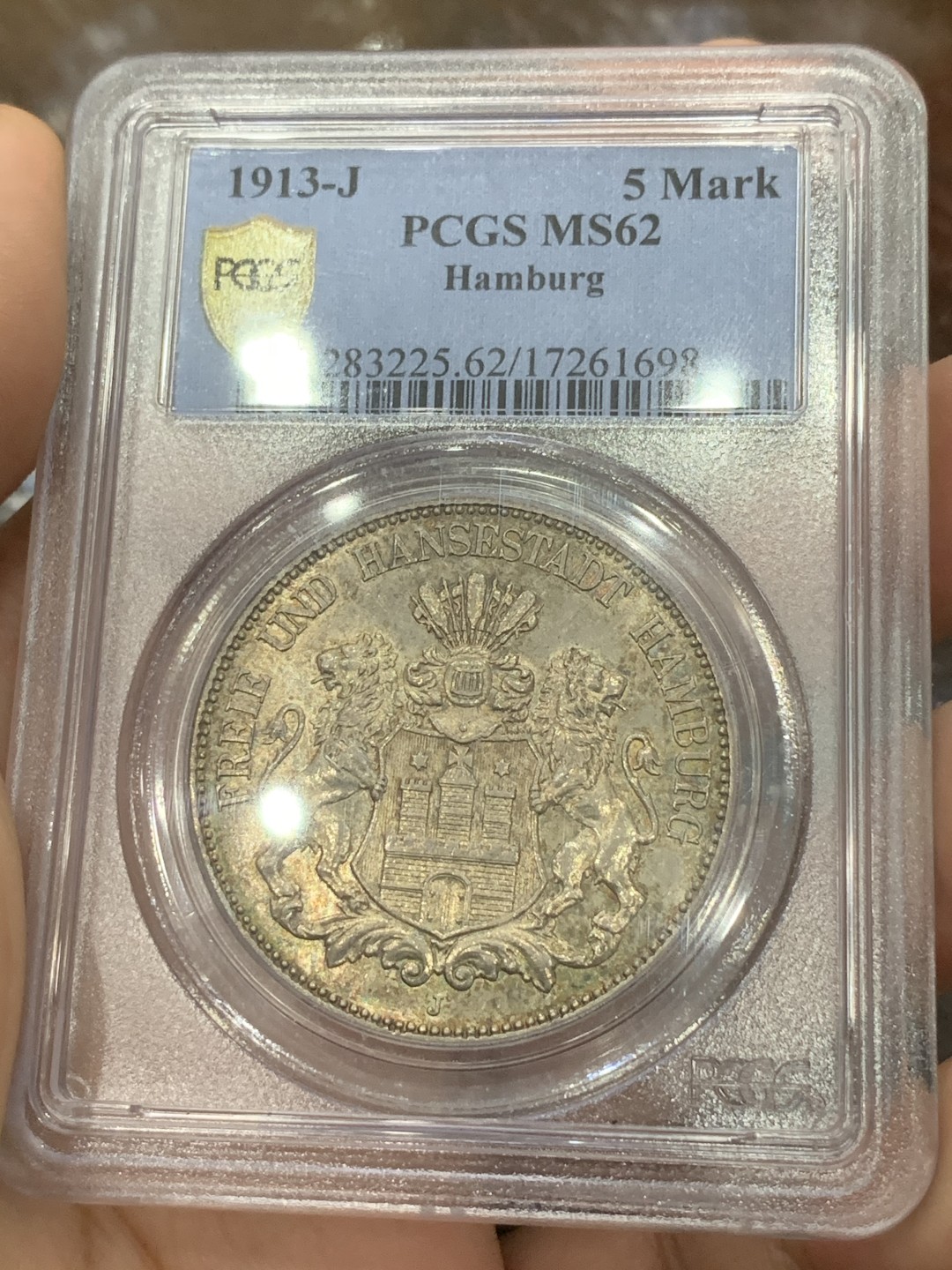 《竞宝斋》第83场-本周日，周一2场连拍（全场不限金额包邮） PCGS MS62 1913年 德国 汉堡 自由市5马克 银币 淡彩包浆 状态极好