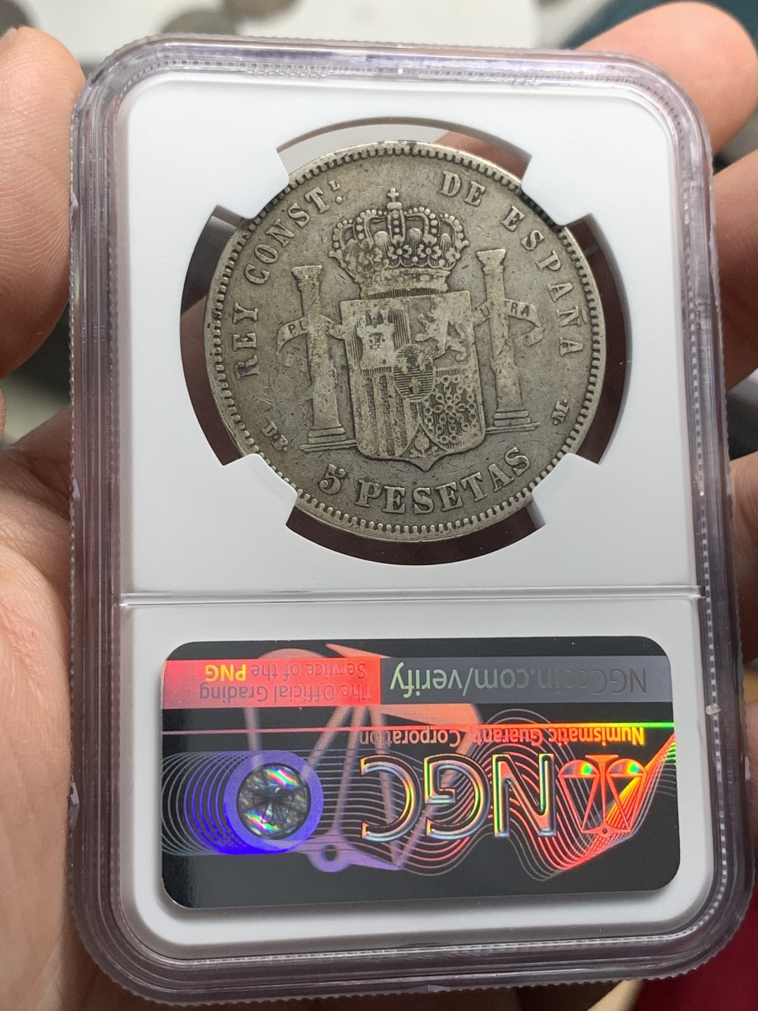 《竞宝斋》第83场-本周日，周一2场连拍（全场不限金额包邮） NGC-VF35 西班牙 1877年 5比塞塔 银币 