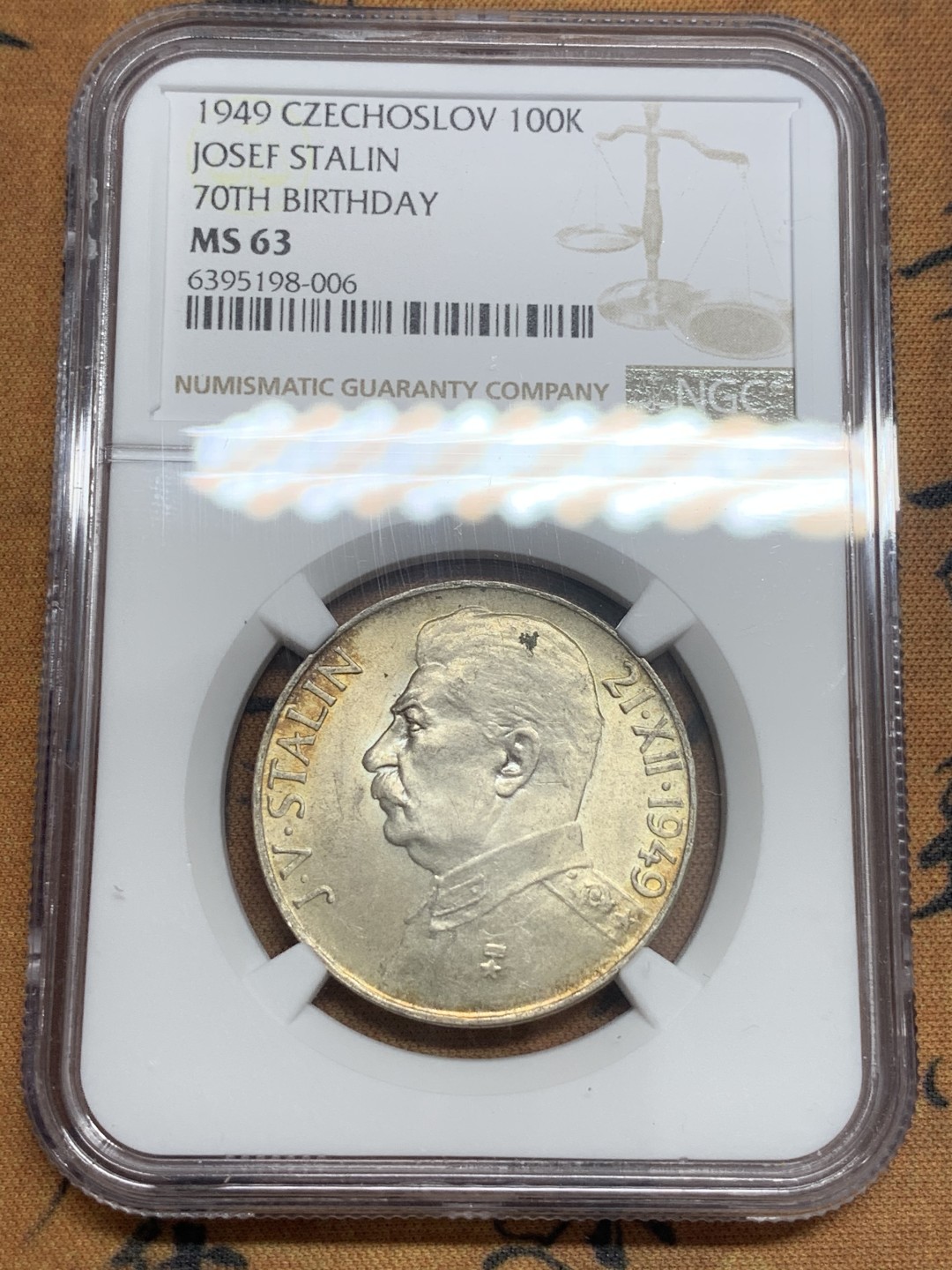 《竞宝斋》第83场-本周日，周一2场连拍（全场不限金额包邮） NGC-MS63 捷克1949年 斯大林100克朗银币 带彩稀少品种 手里最后一枚了