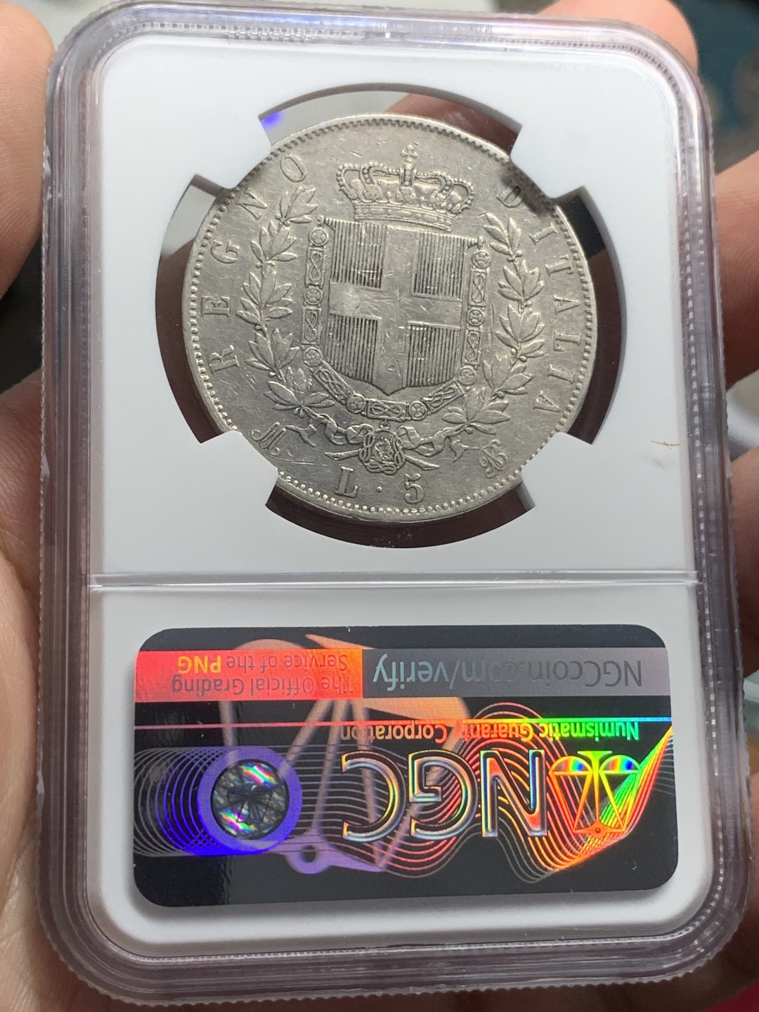 《竞宝斋》第83场-本周日，周一2场连拍（全场不限金额包邮） NGC AU评级 意大利 1873年 5里拉 银币 细节不错