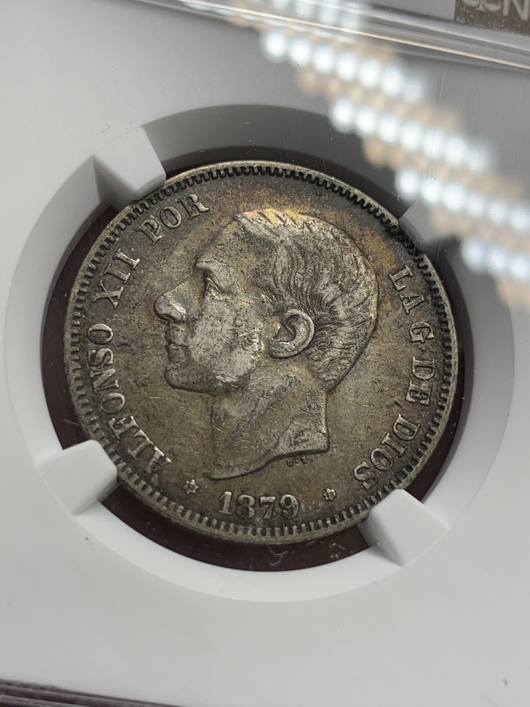 《竞宝斋》第83场-本周日，周一2场连拍（全场不限金额包邮） NGC-XF40 西班牙1879年 阿方索十二世2比塞塔双柱银币 稀少年份 更高分就三枚而已