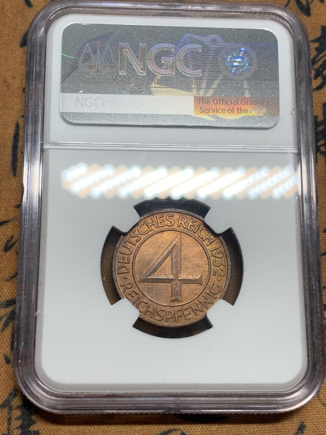 《竞宝斋》第83场-本周日，周一2场连拍（全场不限金额包邮） NGC-MS63 魏玛德国1932年4芬尼铜币