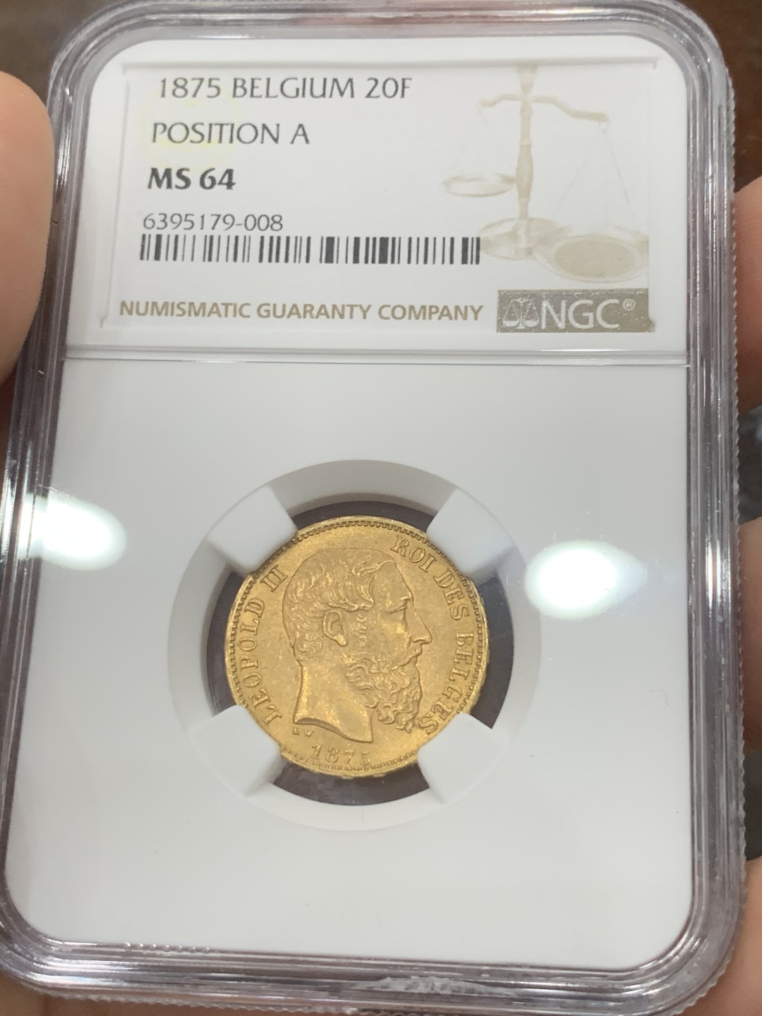 《竞宝斋》第83场-本周日，周一2场连拍（全场不限金额包邮） NGC-MS64 比利时1875年 利奥波德二世 20法郎金币 大银币见多了这样的金币就非常少见了 