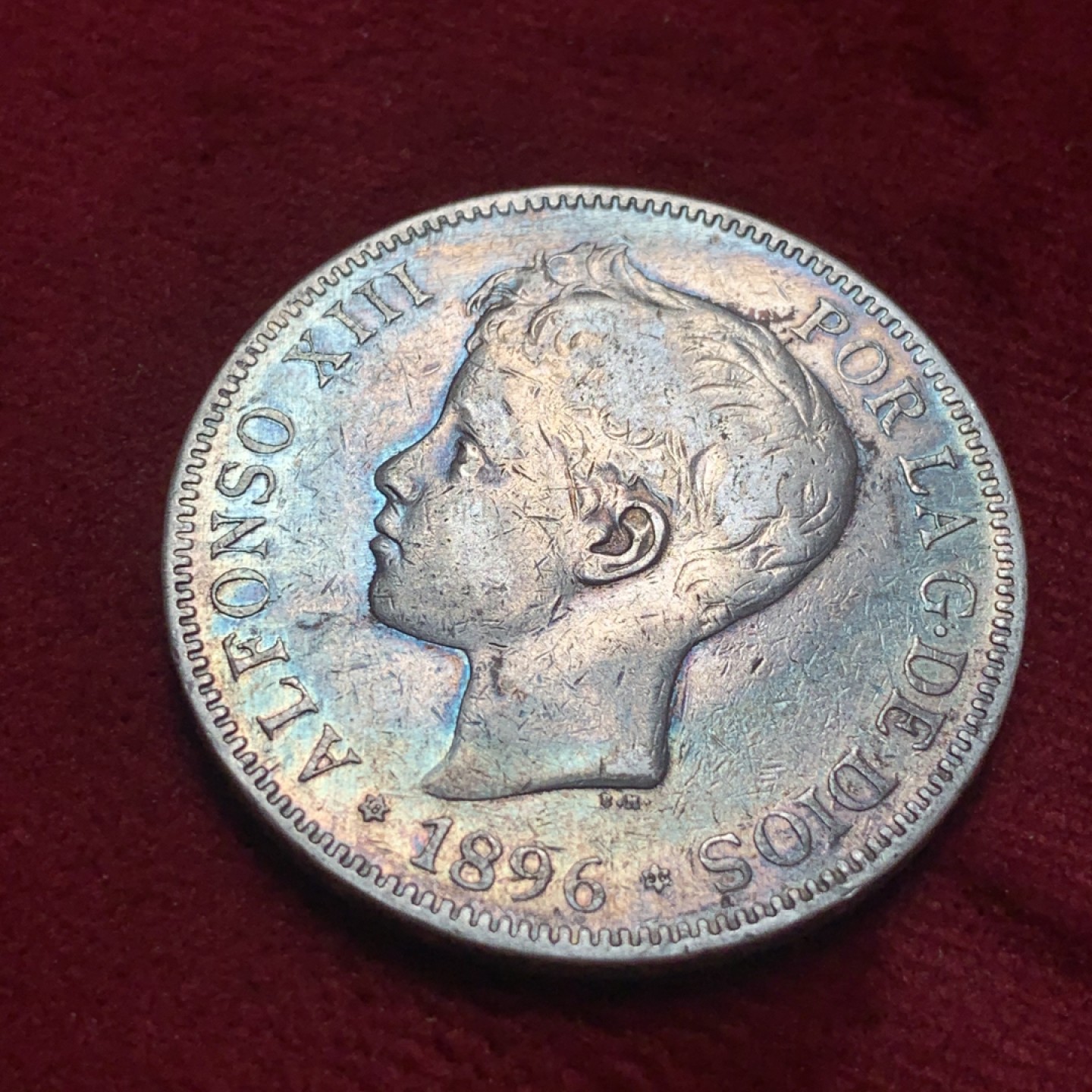 《竞宝斋》第83场-本周日，周一2场连拍（全场不限金额包邮） 西班牙1896年阿方索十三世5比塞塔双柱大银币 五彩包浆