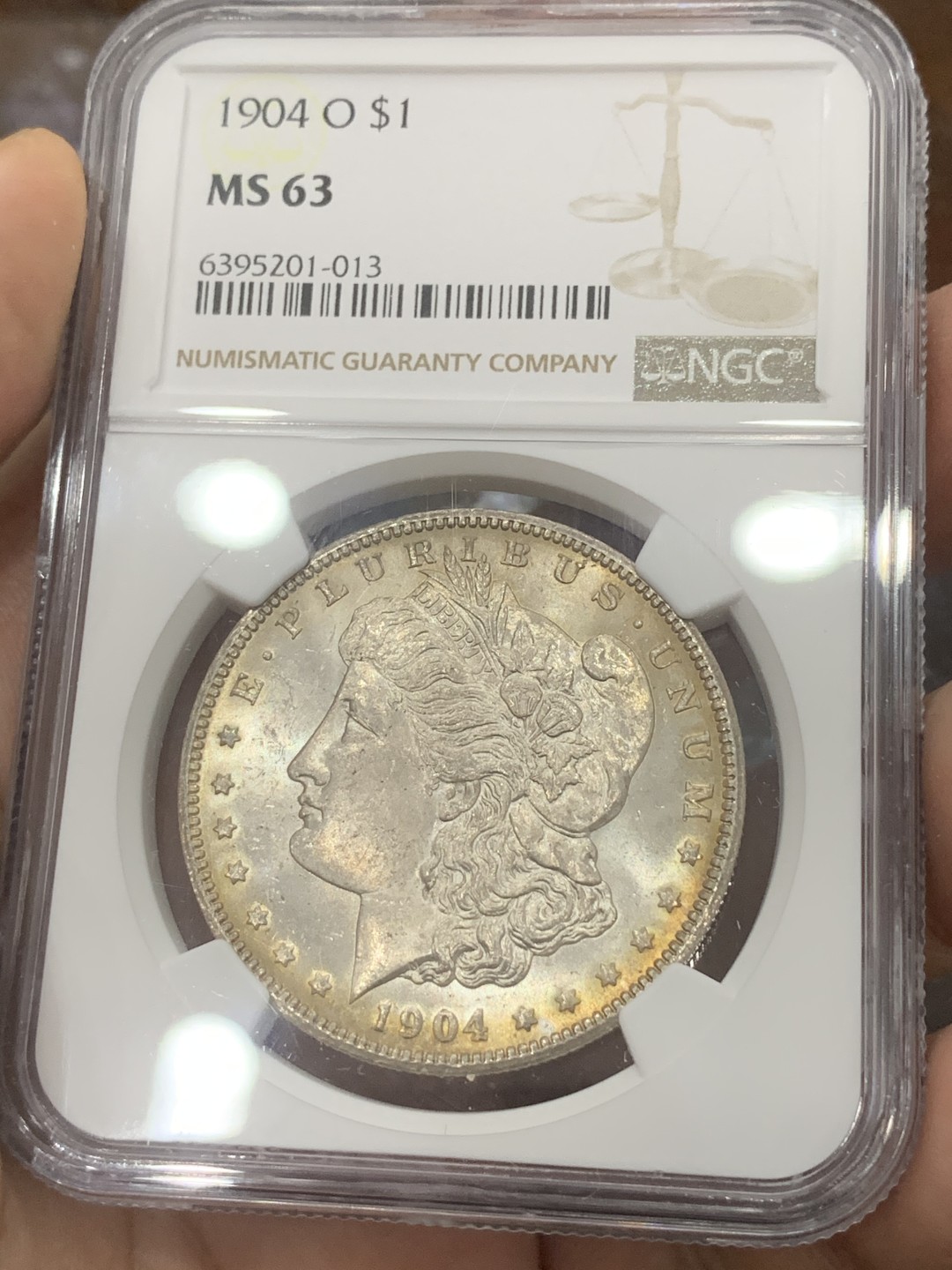 《竞宝斋》第83场-本周日，周一2场连拍（全场不限金额包邮） NGC-MS63 美国1904-O年 摩根一元 五彩原光好品 顶级味道