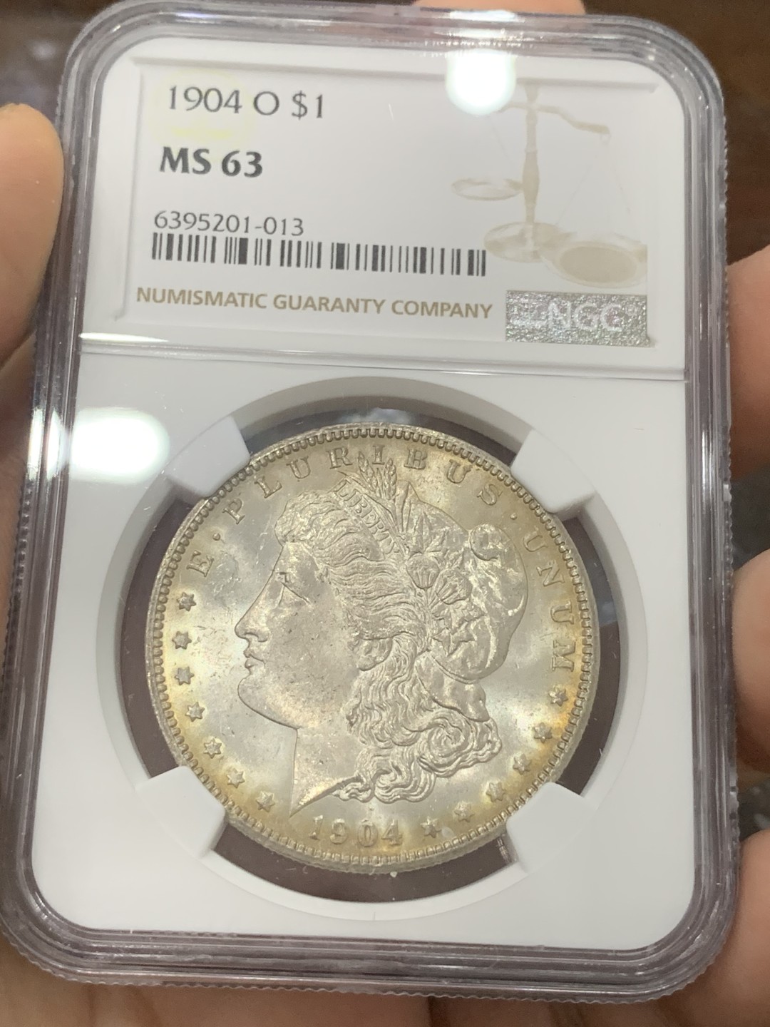 《竞宝斋》第83场-本周日，周一2场连拍（全场不限金额包邮） NGC-MS63 美国1904-O年 摩根一元 五彩原光好品 顶级味道