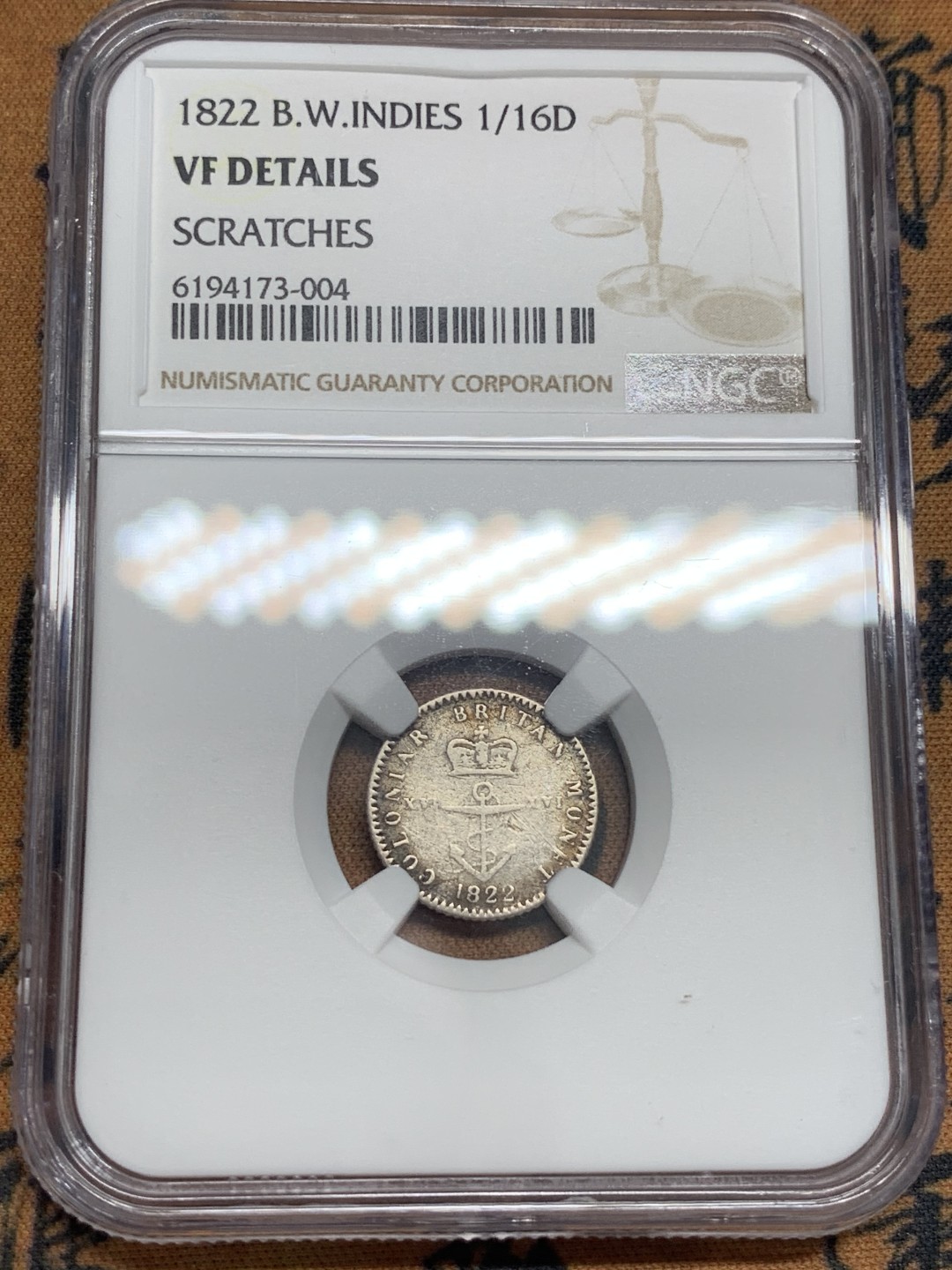 《竞宝斋》第83场-本周日，周一2场连拍（全场不限金额包邮） NGC VF细节 1822年 英属西印度群岛 锚币 1/16D银币 少见品种