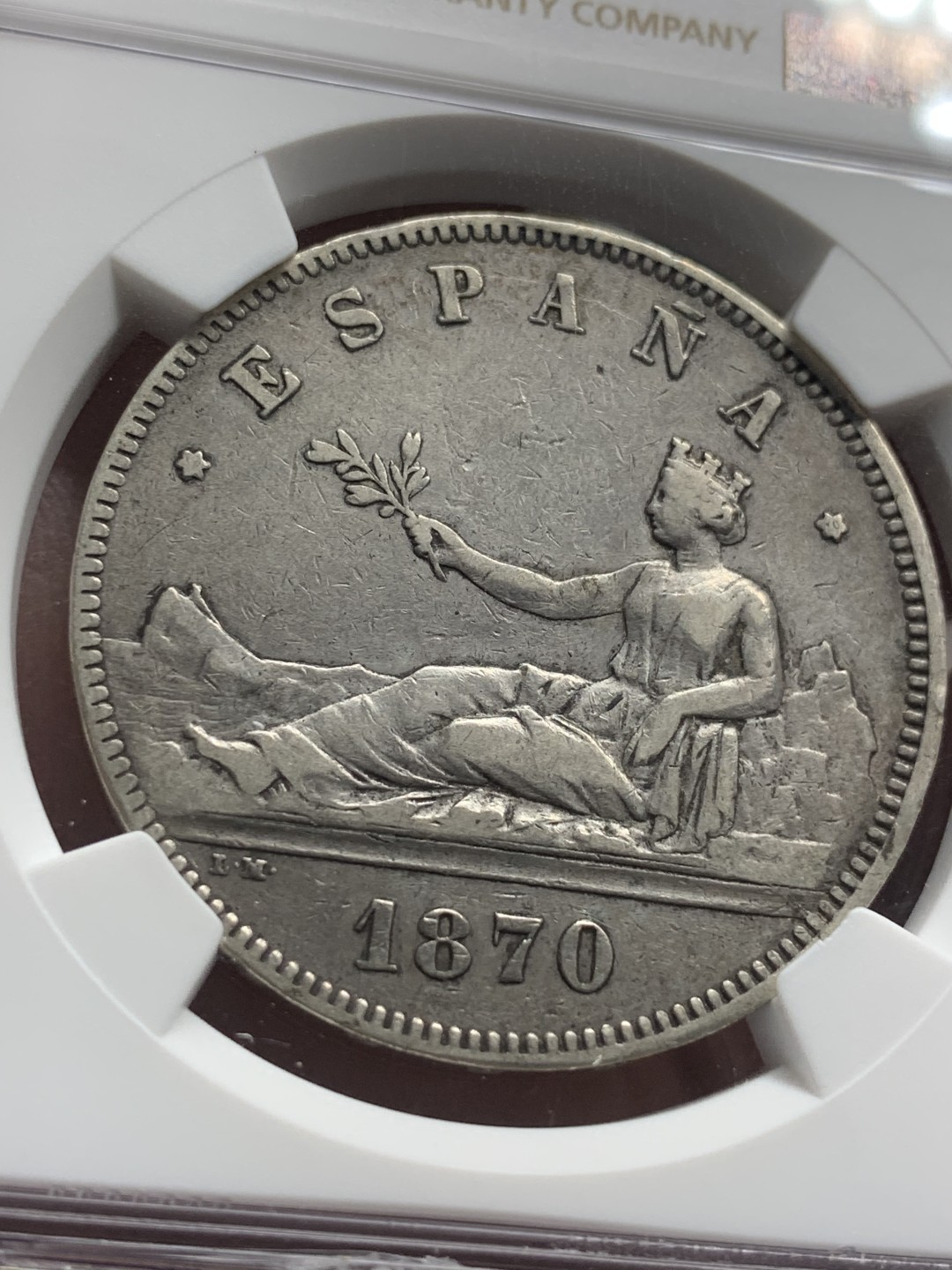 《竞宝斋》第83场-本周日，周一2场连拍（全场不限金额包邮） NGC XF 西班牙 1870年 5比塞塔 拿花 银币 状态不错