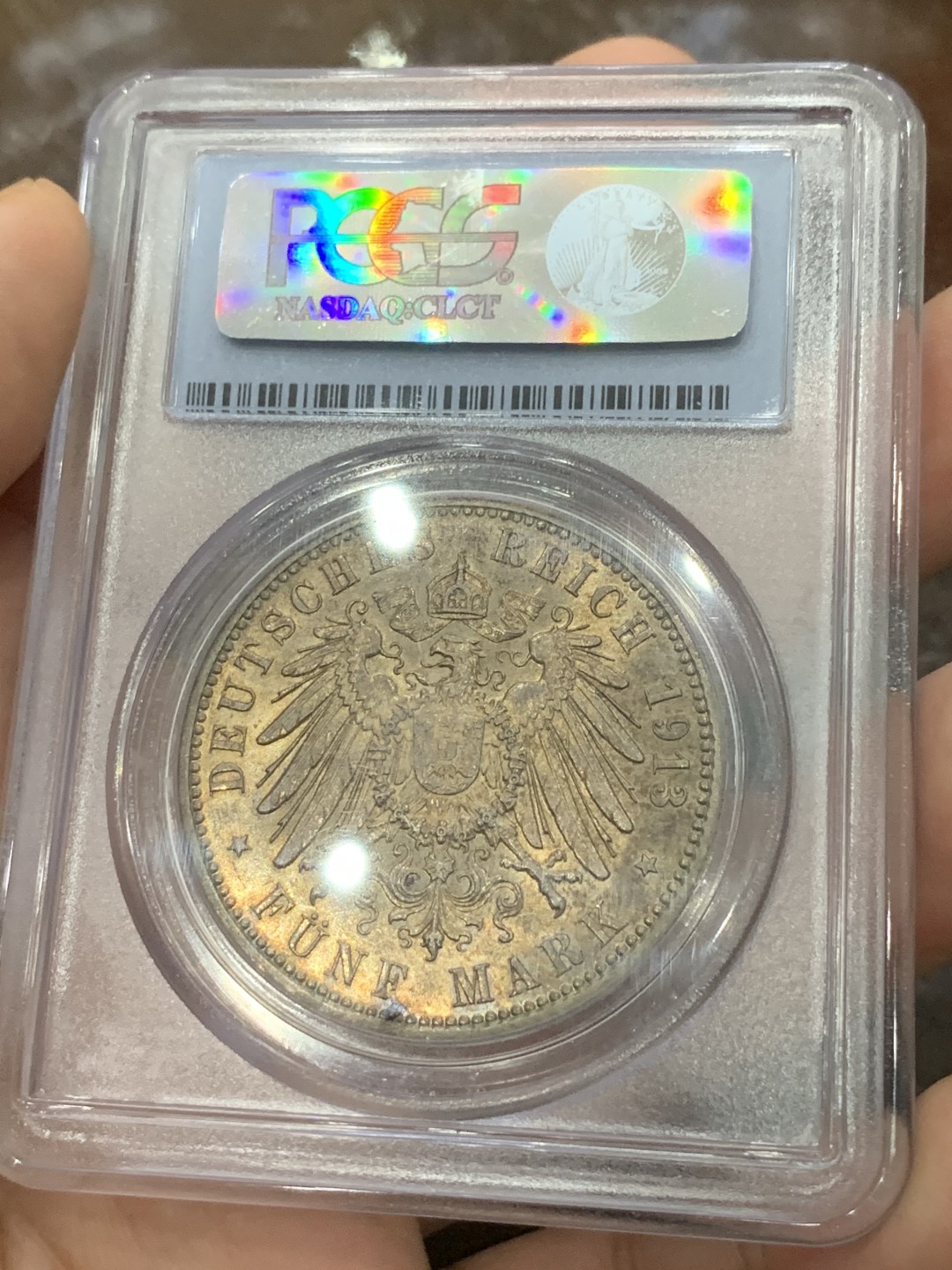 《竞宝斋》第83场-本周日，周一2场连拍（全场不限金额包邮） PCGS MS62 1913年 德国 汉堡 自由市5马克 银币 淡彩包浆 状态极好