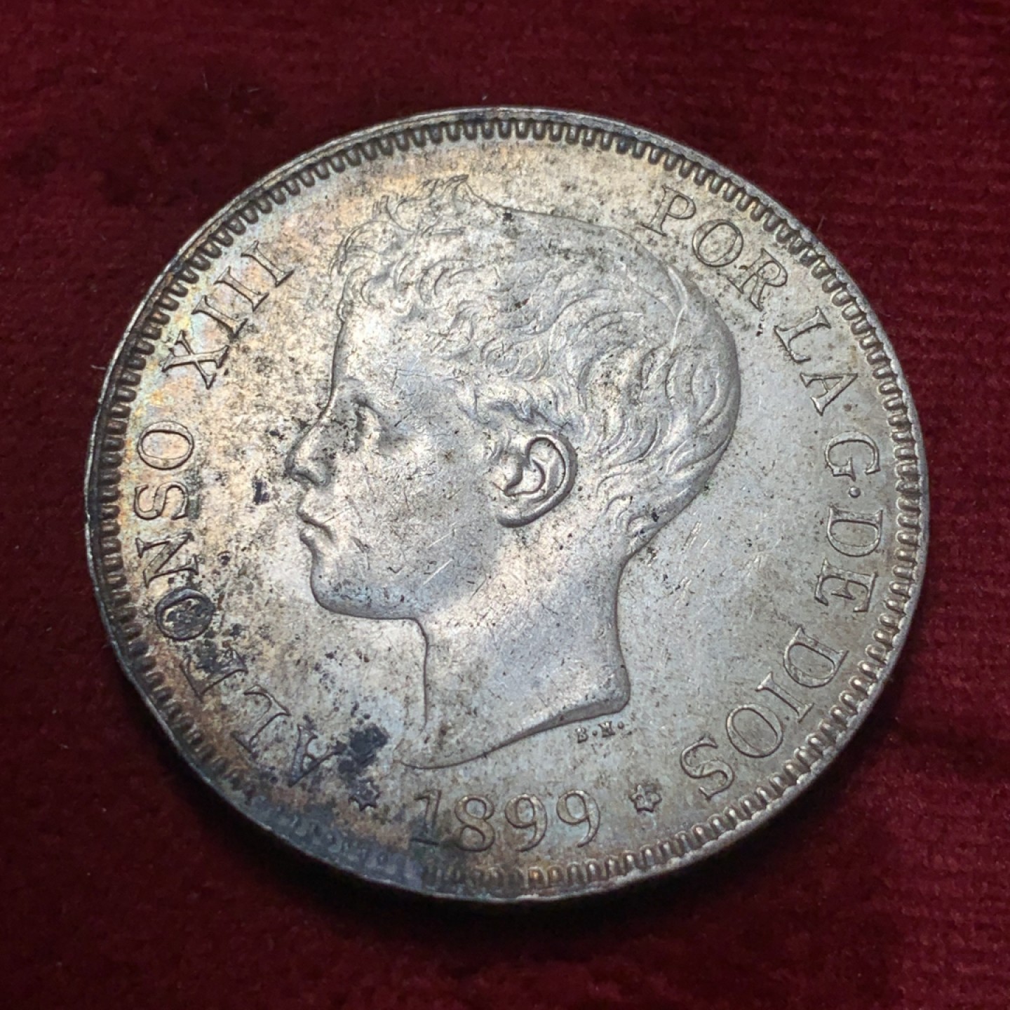 《竞宝斋》第83场-本周日，周一2场连拍（全场不限金额包邮） 西班牙 1899年 阿方索十三世 5比塞塔双柱 大银币 好状态 会清理的来