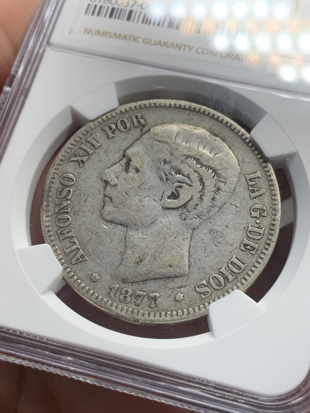 《竞宝斋》第83场-本周日，周一2场连拍（全场不限金额包邮） NGC-VF35 西班牙 1877年 5比塞塔 银币 