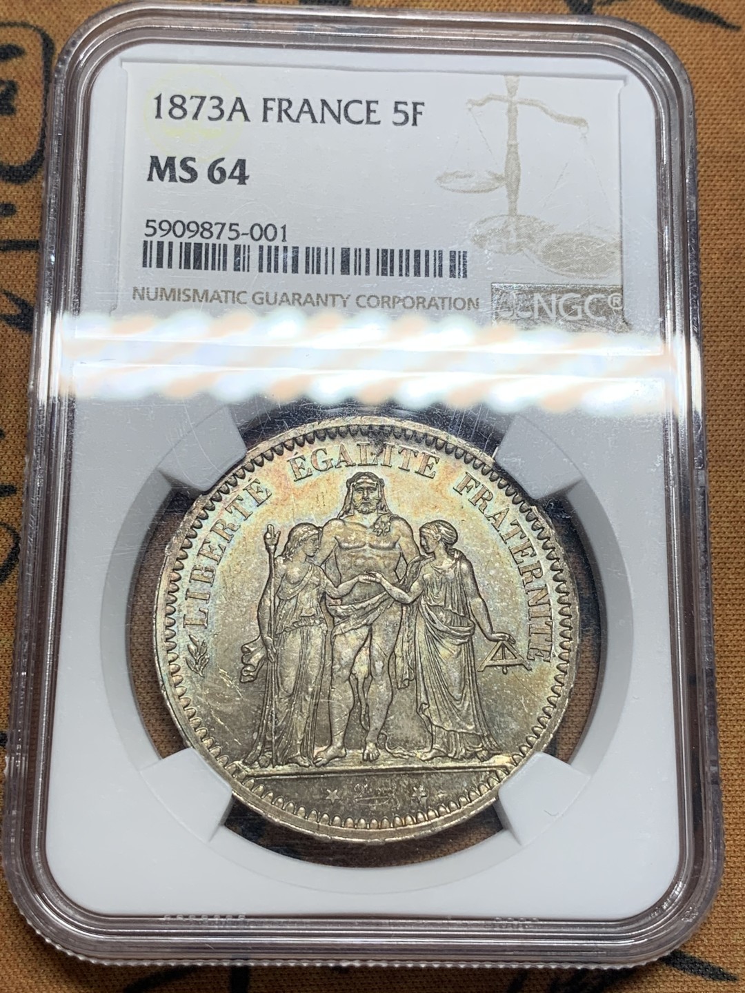 《竞宝斋》第83场-本周日，周一2场连拍（全场不限金额包邮） NGC MS64 1873年法国大力神5法郎银币 欧陆老彩包浆滴水未下 车轮转光 实物状态非常好