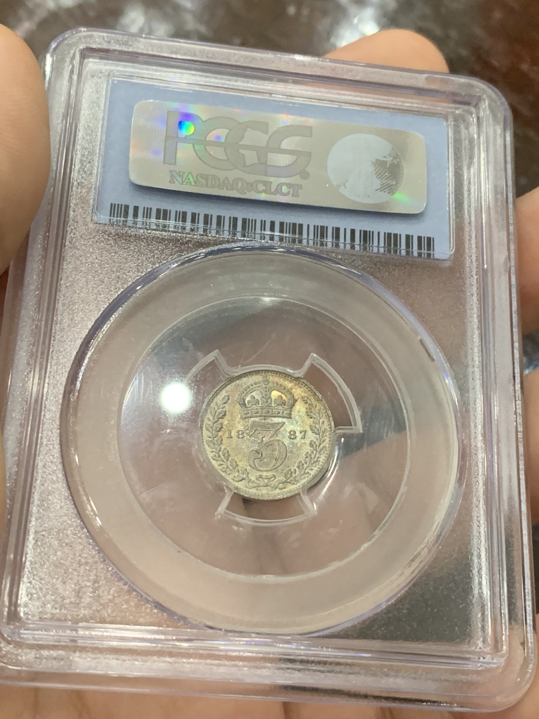 《竞宝斋》第83场-本周日，周一2场连拍（全场不限金额包邮） PCGS MS66 英国 1887年 高冠3便士，原味老包浆，高分9枚