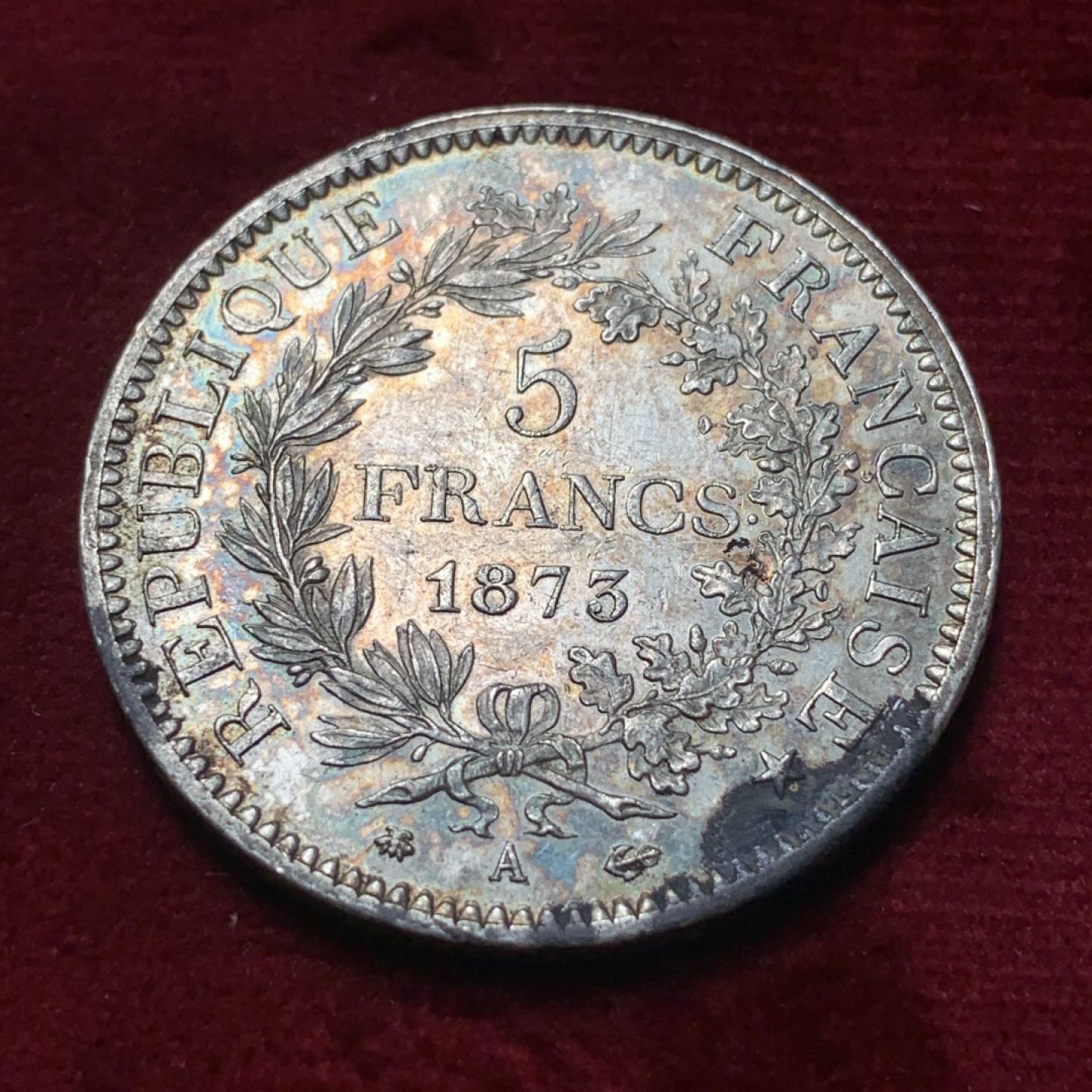 《竞宝斋》第83场-本周日，周一2场连拍（全场不限金额包邮） 法国 1873年 大力神5法郎 原光好品 大银币 AU+的状态