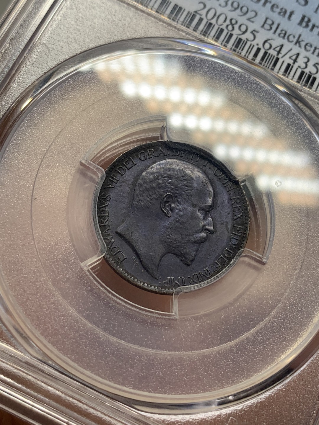 《竞宝斋》第83场-本周日，周一2场连拍（全场不限金额包邮） PCGS-MS64 英国 1909年 爱七 1/4便士 少见发黑处理 更高分就三枚65 2019年45分成交记录1900（见图）