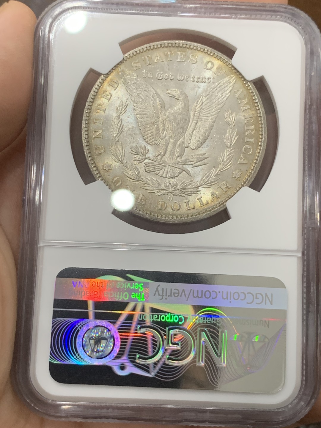 《竞宝斋》第83场-本周日，周一2场连拍（全场不限金额包邮） NGC-MS63 美国1904-O年 摩根一元 五彩原光好品 顶级味道