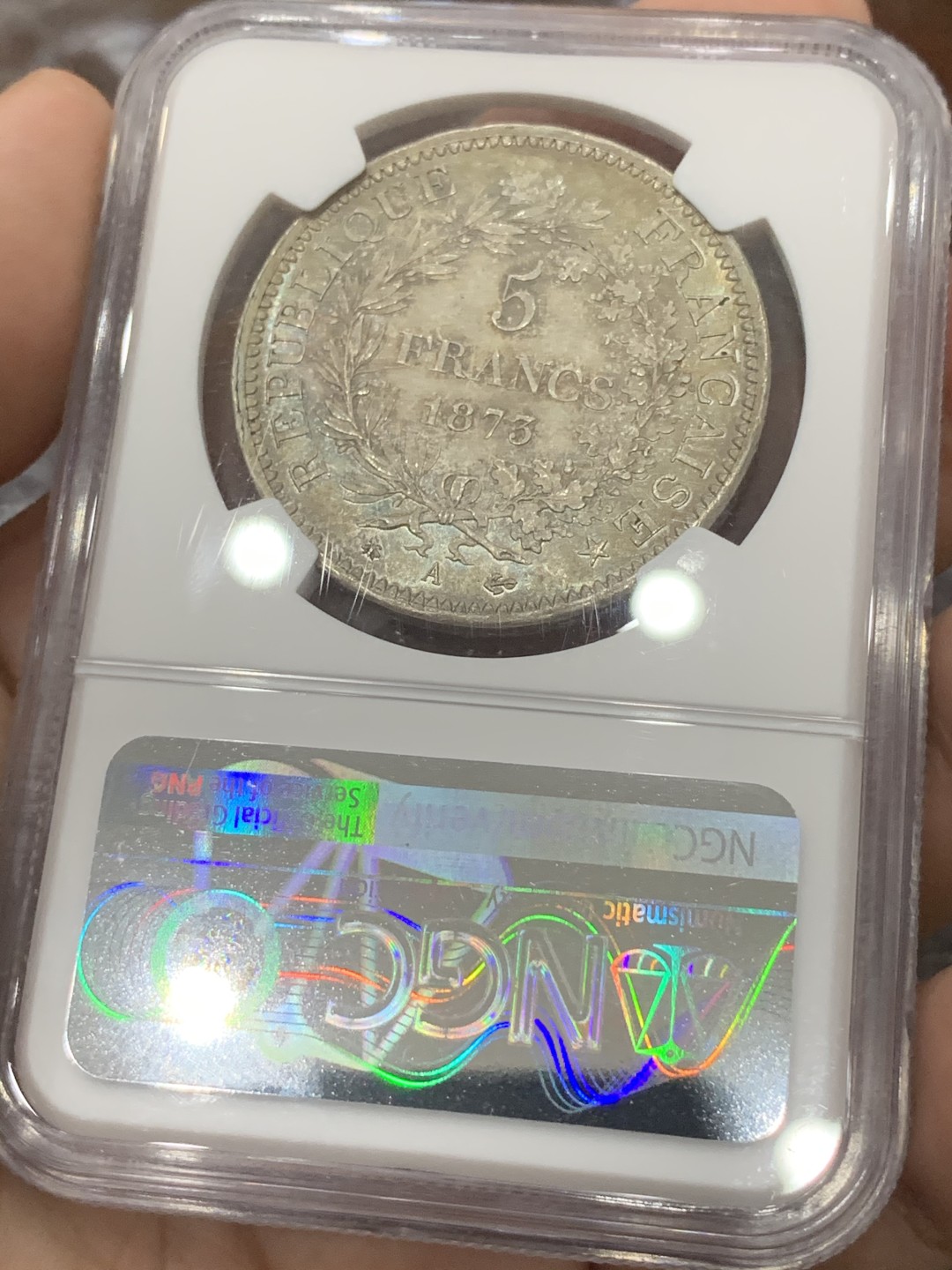 《竞宝斋》第83场-本周日，周一2场连拍（全场不限金额包邮） NGC MS64 1873年法国大力神5法郎银币 欧陆老彩包浆滴水未下 车轮转光 实物状态非常好
