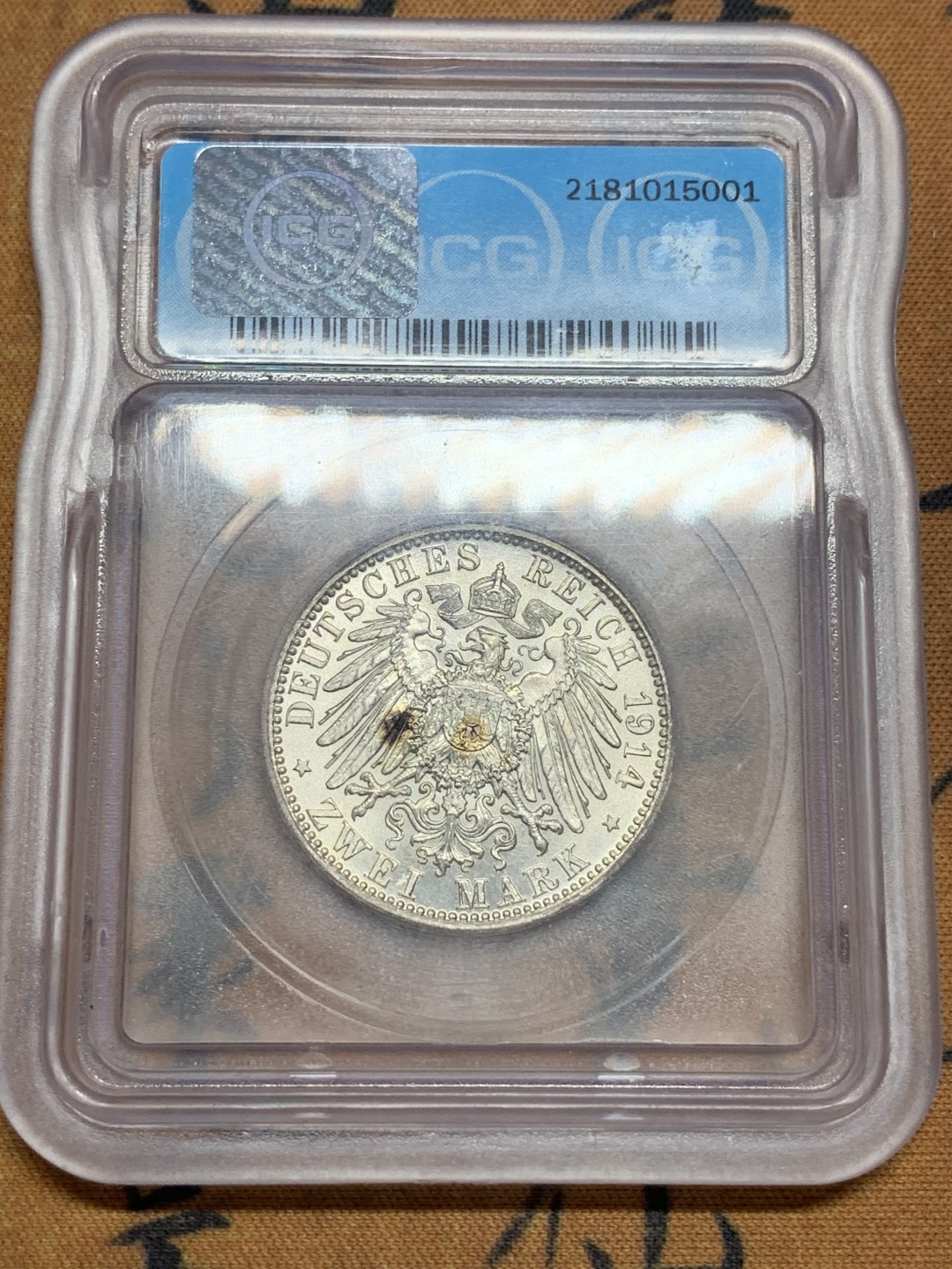 《竞宝斋》第83场-本周日，周一2场连拍（全场不限金额包邮） ICG MS64 1914年 德国巴伐利亚路德维希2马克 银币 曝光状态