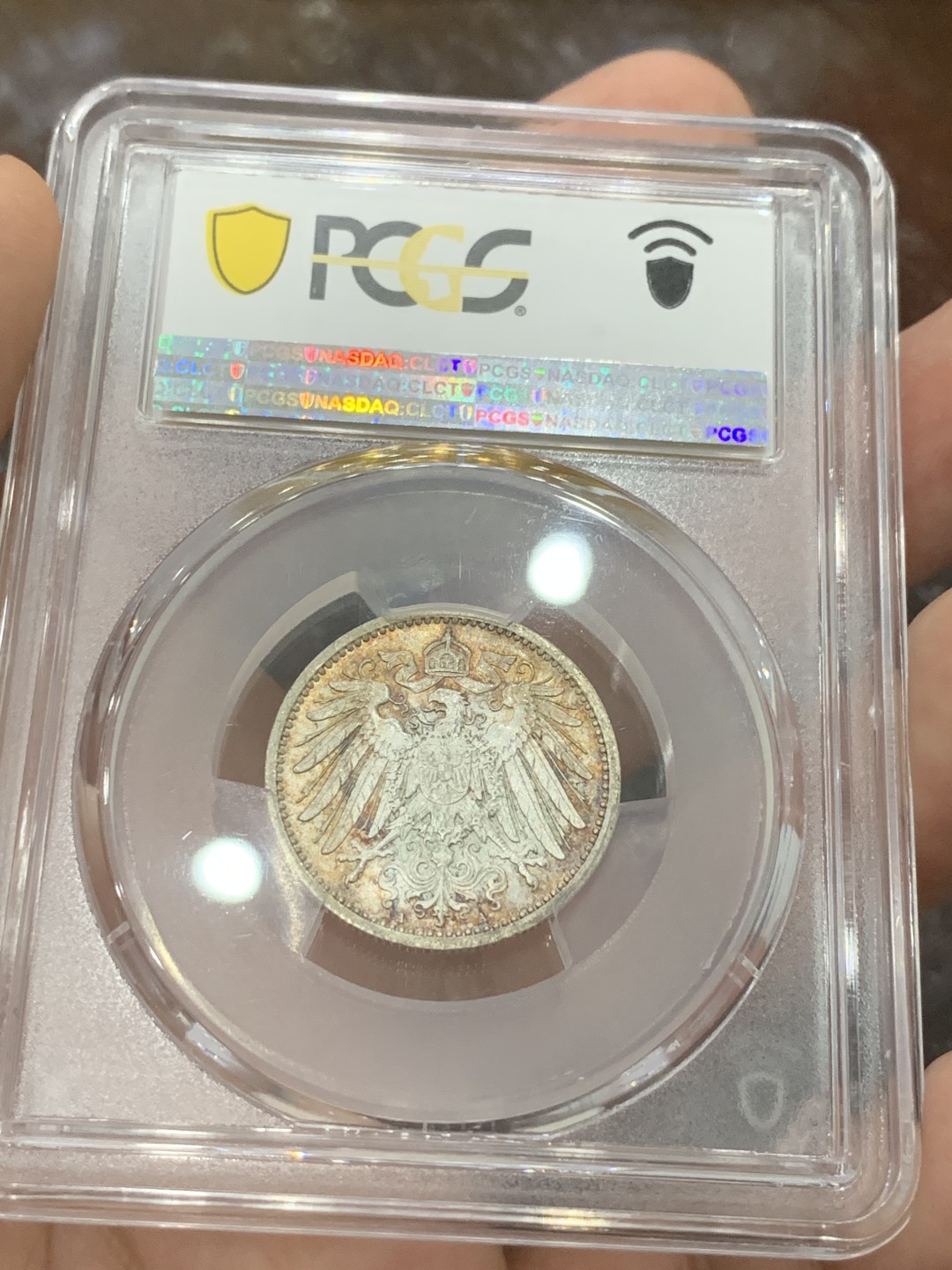 《竞宝斋》第83场-本周日，周一2场连拍（全场不限金额包邮） PCGS-MS67 德国1914-A年 1马克银币 带光 淡彩 一百多年的币 变态高分