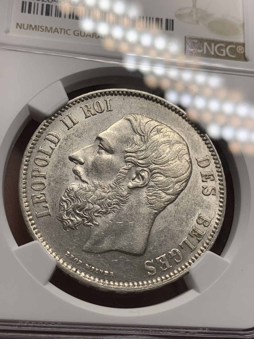 《竞宝斋》第83场-本周日，周一2场连拍（全场不限金额包邮） NGC UNC评级 比利时 1873年 5法郎 银币 光度足 状态好