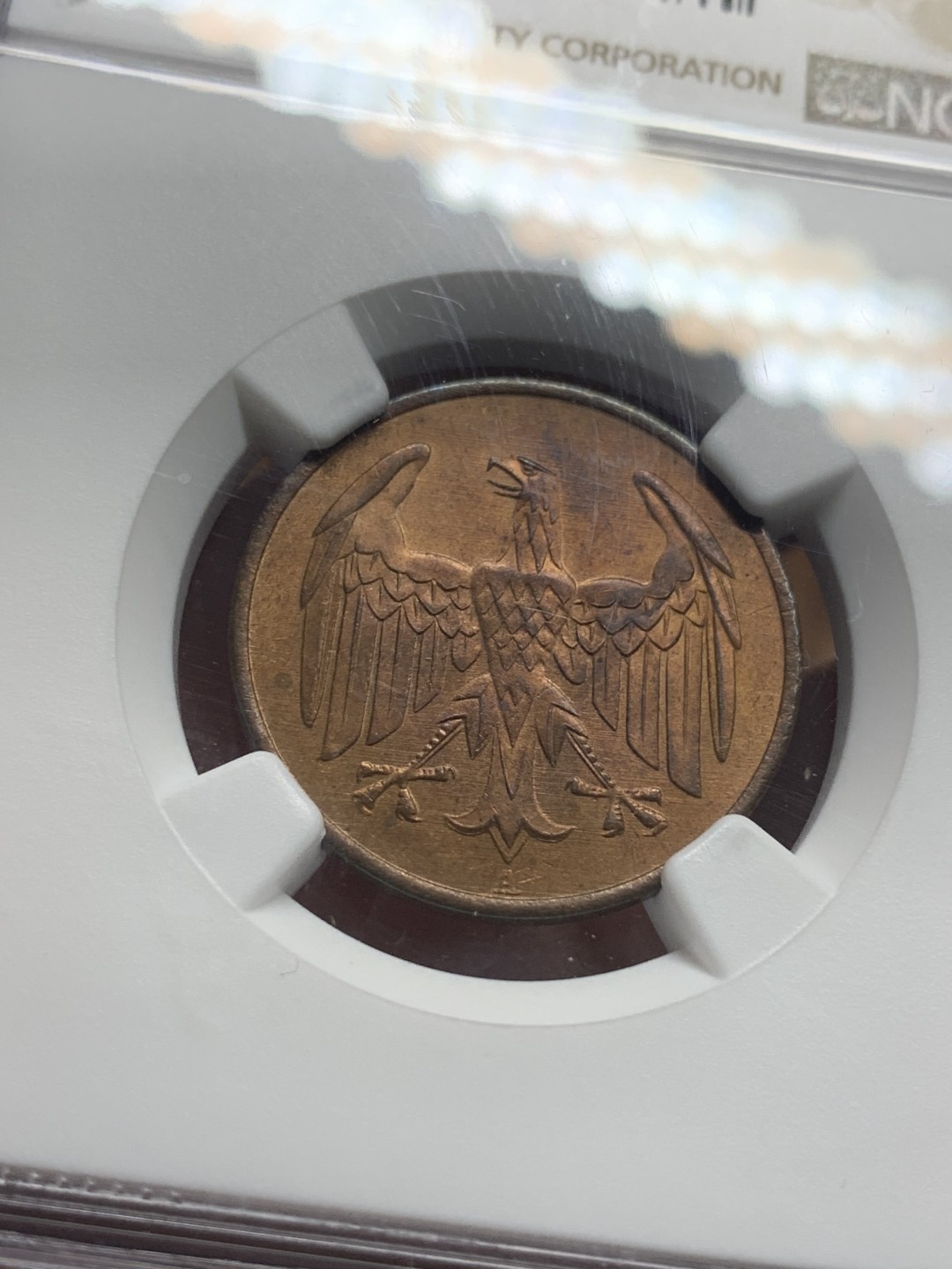 《竞宝斋》第83场-本周日，周一2场连拍（全场不限金额包邮） NGC-MS63 魏玛德国1932年4芬尼铜币