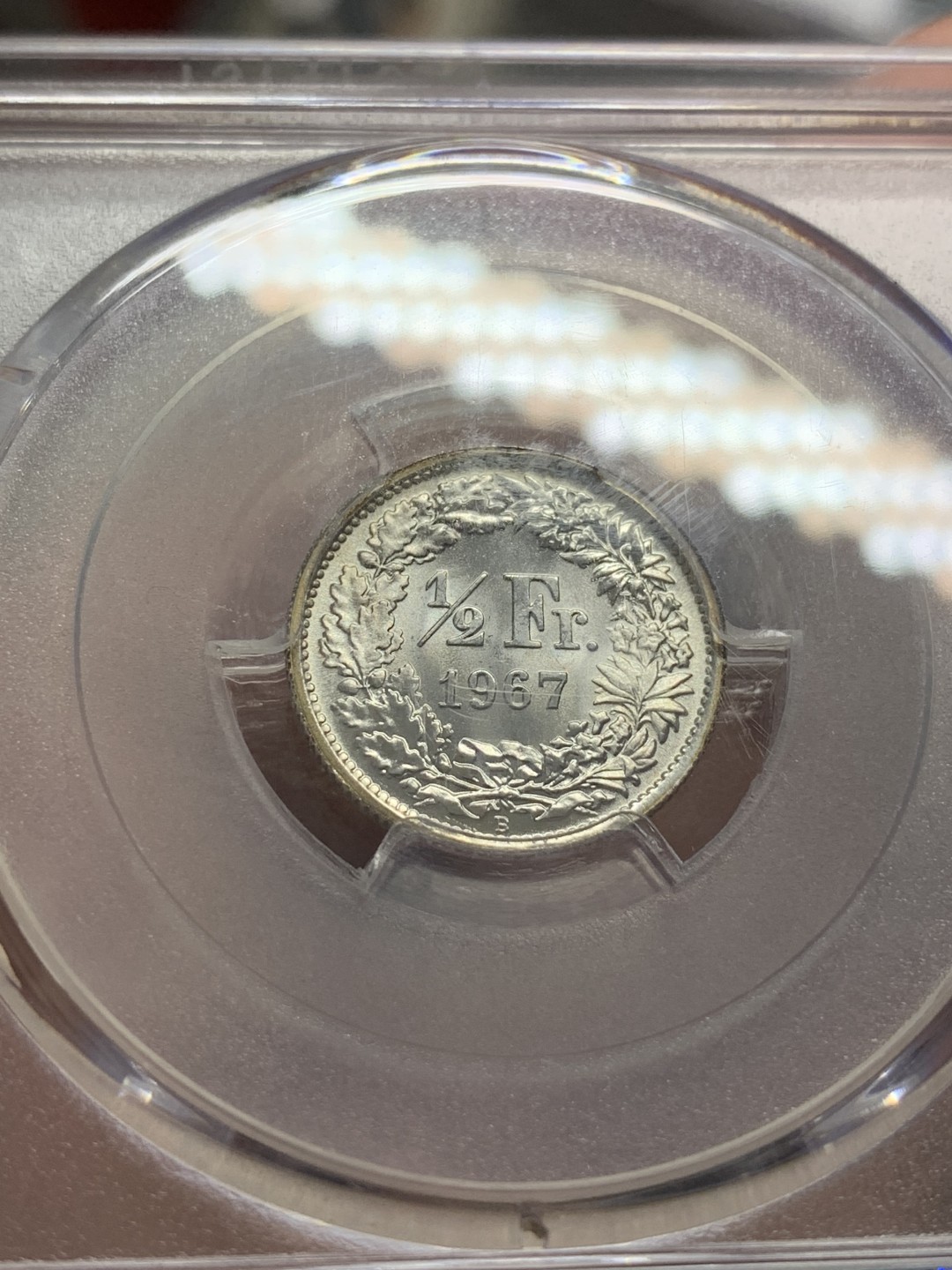 《竞宝斋》第83场-本周日，周一2场连拍（全场不限金额包邮） PCGS-MS67 瑞士1967-B 女神1/2 法郎 银币 超高分镜面光