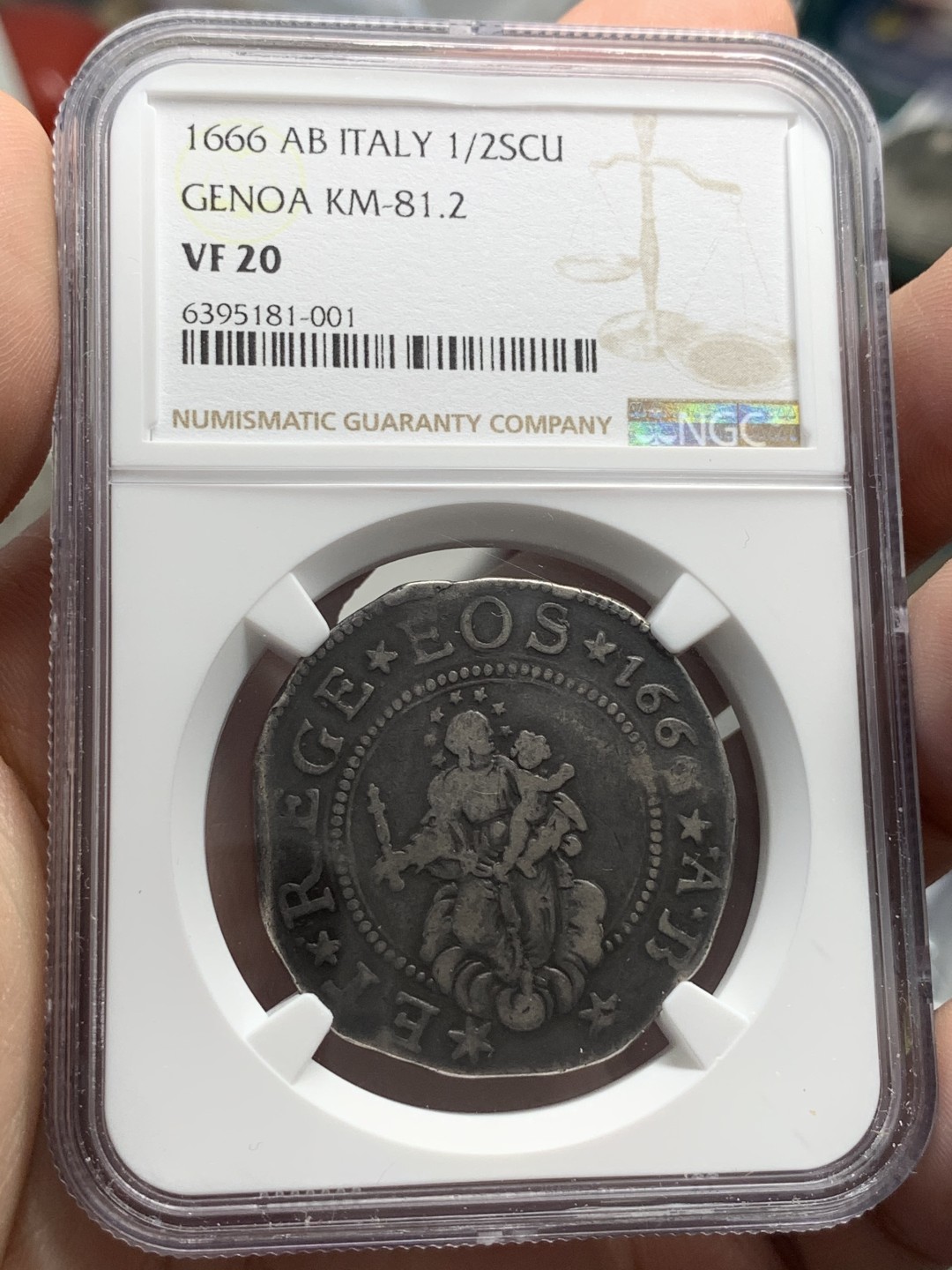 《竞宝斋》第83场-本周日，周一2场连拍（全场不限金额包邮） 唯一冠军分 NGC-VF20 意大利热那亚 1666年 圣母抱婴 1/2斯库多银币 常见KM81.1版 这枚是KM81.2版 历史拍卖仅查到一枚