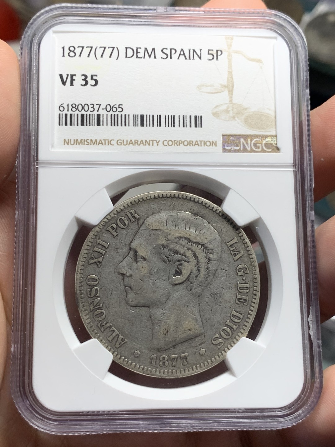 《竞宝斋》第83场-本周日，周一2场连拍（全场不限金额包邮） NGC-VF35 西班牙 1877年 5比塞塔 银币 