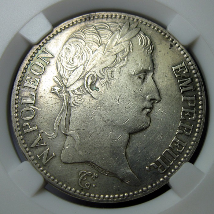 法国银币,1810A,拿破仑一世5法郎,36.5mm,24.94g,好品,自打标签盒子R1116jx