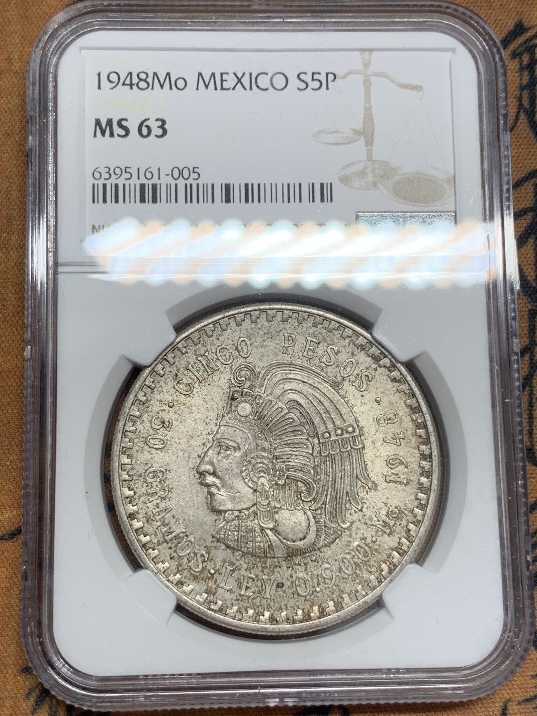 《竞宝斋》第83场-本周日，周一2场连拍（全场不限金额包邮） NGC-MS63 墨西哥1948年 印第安人头像 5比索大银币 原光带彩 很漂亮