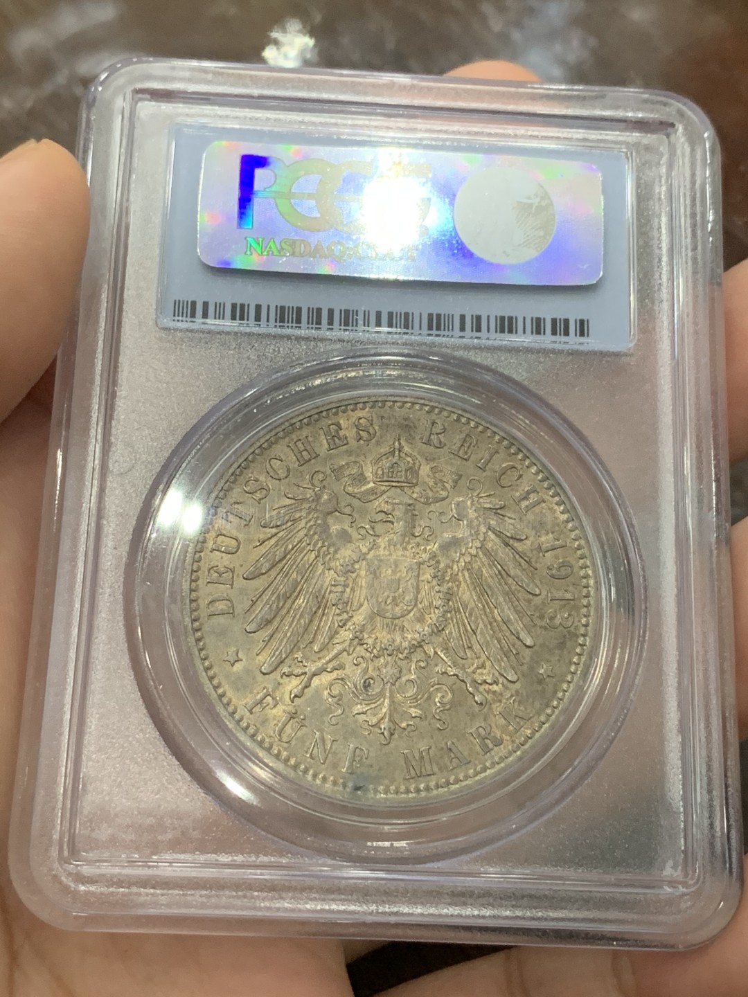 《竞宝斋》第83场-本周日，周一2场连拍（全场不限金额包邮） PCGS MS62 1913年 德国 汉堡 自由市5马克 银币 淡彩包浆 状态极好
