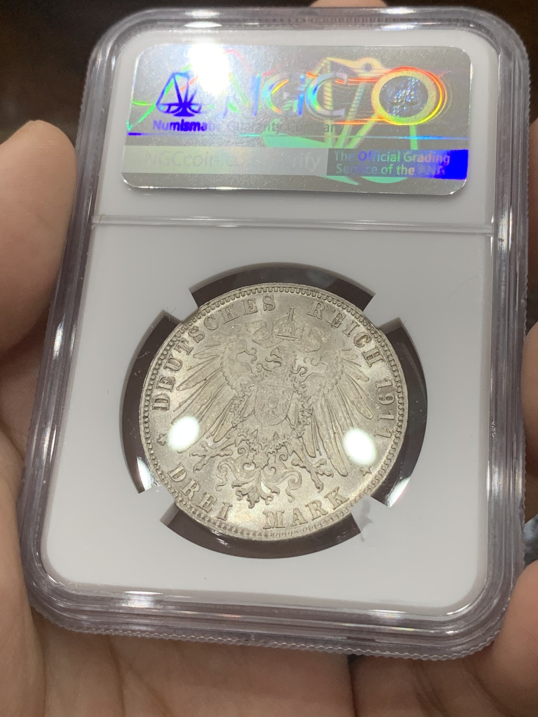 《竞宝斋》第83场-本周日，周一2场连拍（全场不限金额包邮） NGC-MS63 德国巴伐利亚1911年3马克银币