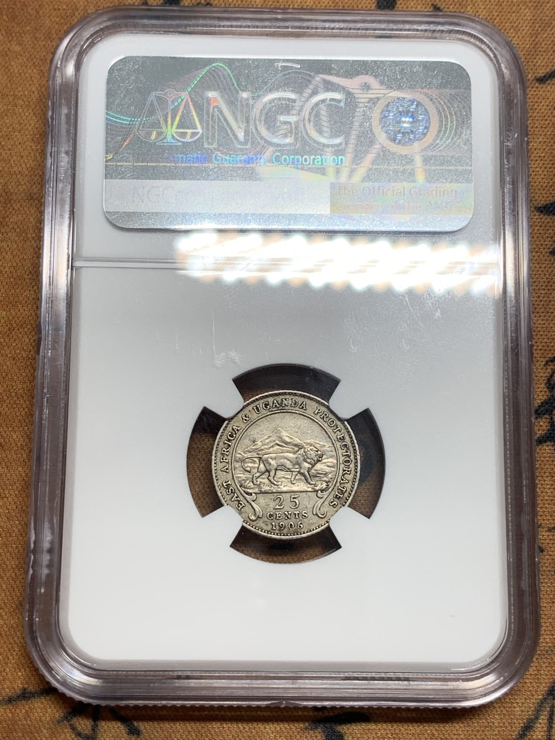 《竞宝斋》第83场-本周日，周一2场连拍（全场不限金额包邮） NGC AU53 英属东非 1906 25分银币  少见品种