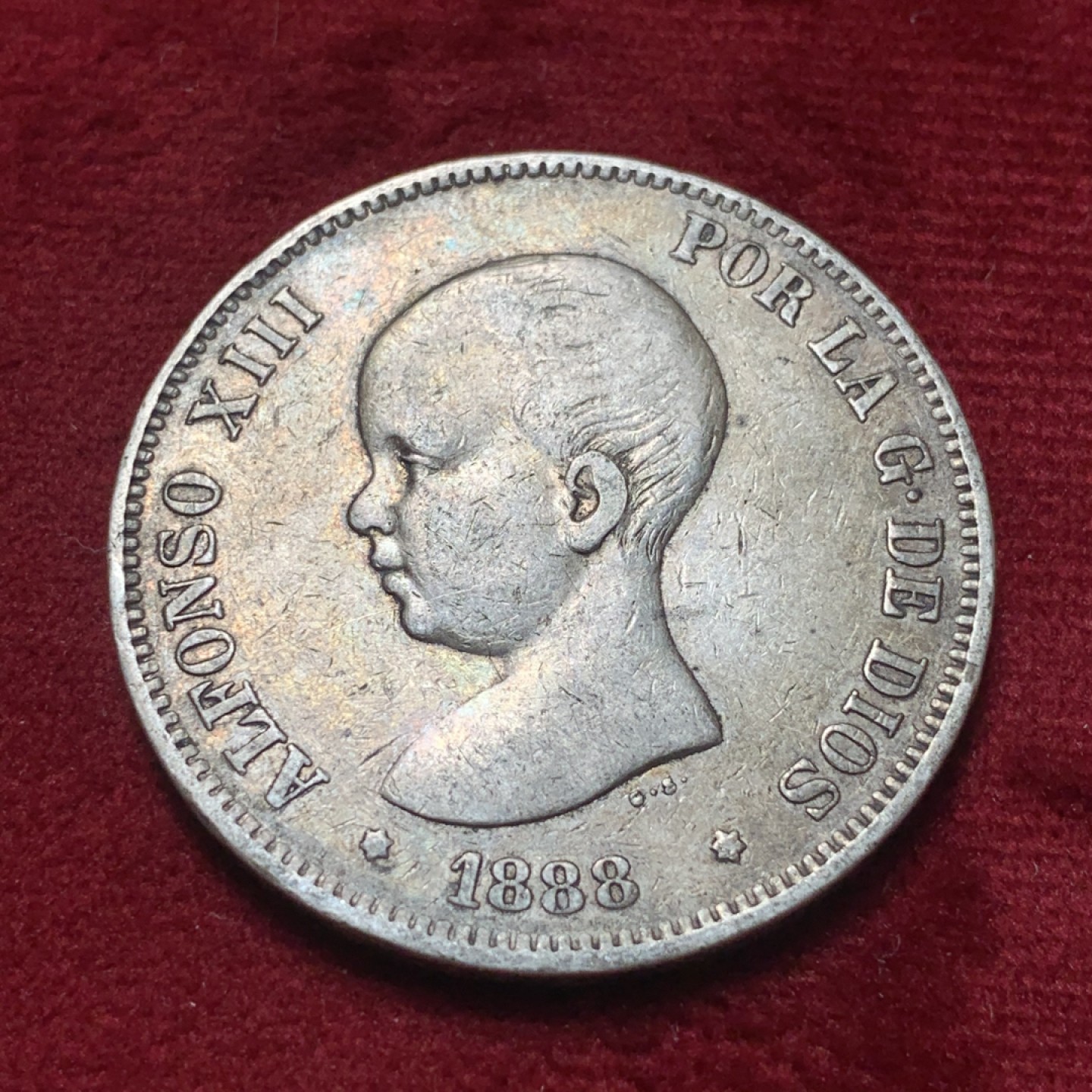 《竞宝斋》第83场-本周日，周一2场连拍（全场不限金额包邮） 西班牙1888年阿方索十三世5比塞塔双柱银币 五彩包浆 发财年份