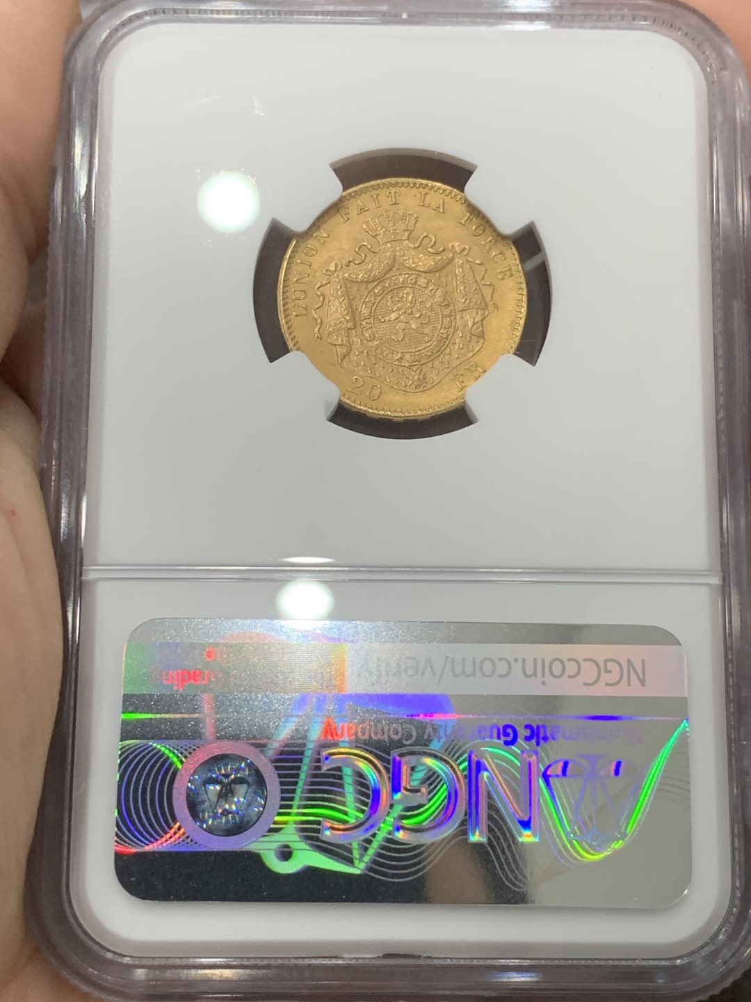 《竞宝斋》第83场-本周日，周一2场连拍（全场不限金额包邮） NGC-MS64 比利时1875年 利奥波德二世 20法郎金币 大银币见多了这样的金币就非常少见了 