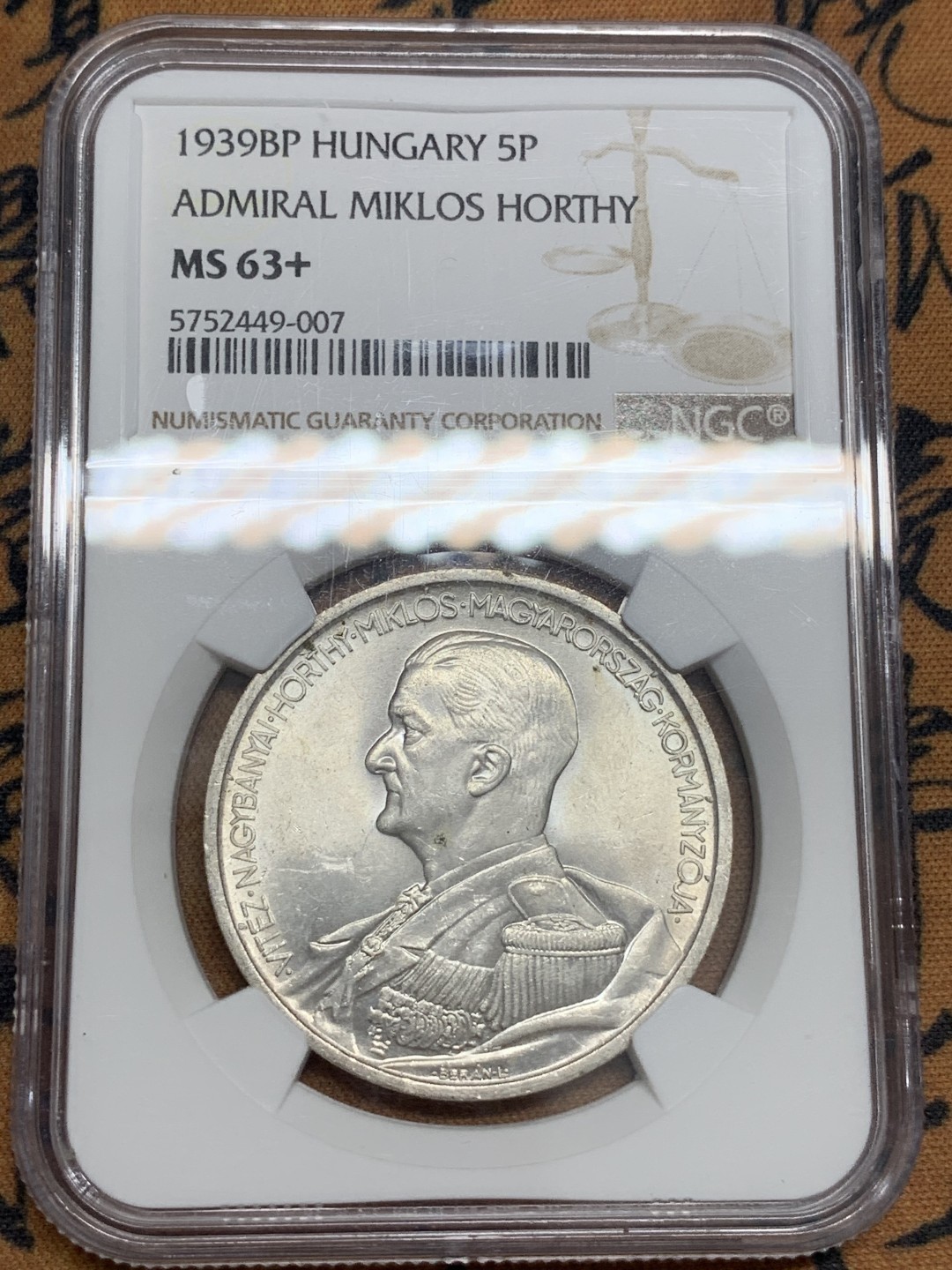 《竞宝斋》第83场-本周日，周一2场连拍（全场不限金额包邮） NGC-MS63+ 匈牙利 1939年 5潘果大银币 顶级原光好品 现在也是暴涨的品种了