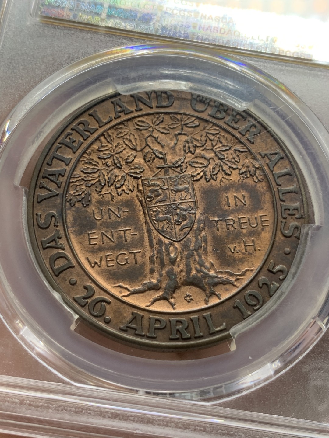 《竞宝斋》第83场-本周日，周一2场连拍（全场不限金额包邮） PCGS-SP63 德国 1930年 兴登堡 橡树铜样章 冠军分 稀少品种 仅两枚冠军分的一枚