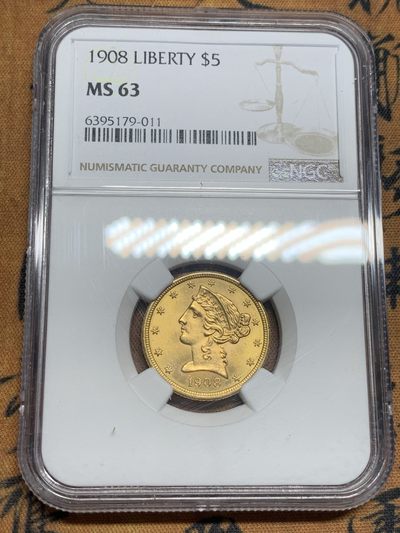 《竞宝斋》第83场-本周日，周一2场连拍（全场不限金额包邮） - NGC-MS63 美国1908年 自由女神像 5美元金币 顶级分数 非常难得