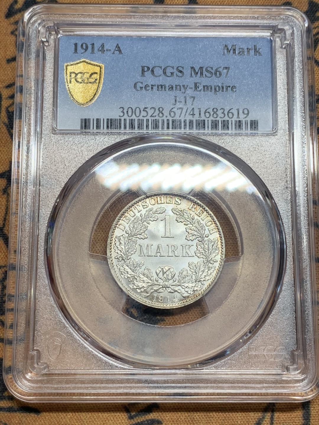 《竞宝斋》第83场-本周日，周一2场连拍（全场不限金额包邮） PCGS-MS67 德国1914-A年 1马克银币 带光 淡彩 一百多年的币 变态高分