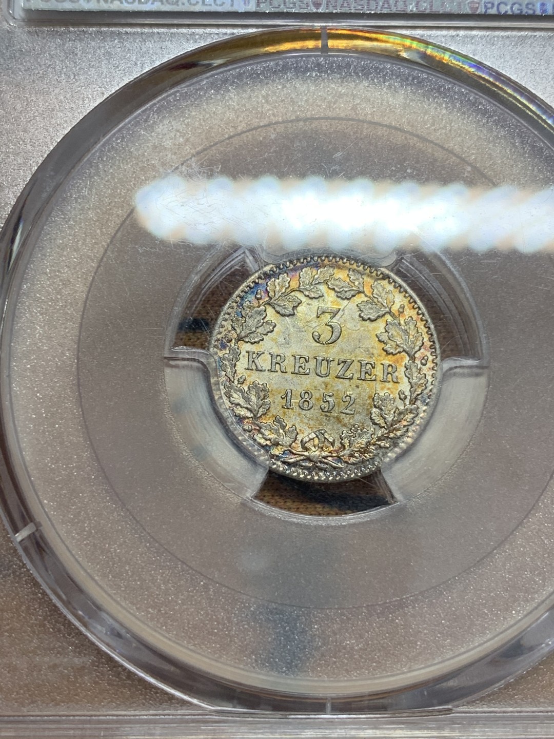 《竞宝斋》第83场-本周日，周一2场连拍（全场不限金额包邮） PCGS-MS63 1852年 德国 巴伐利亚 3克鲁泽 银币